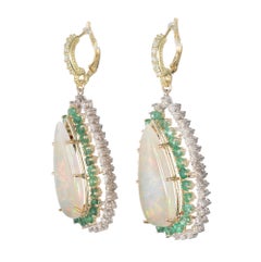 14.00 Carat Opal Emerald Diamond Halo Gold Dangle Earrings