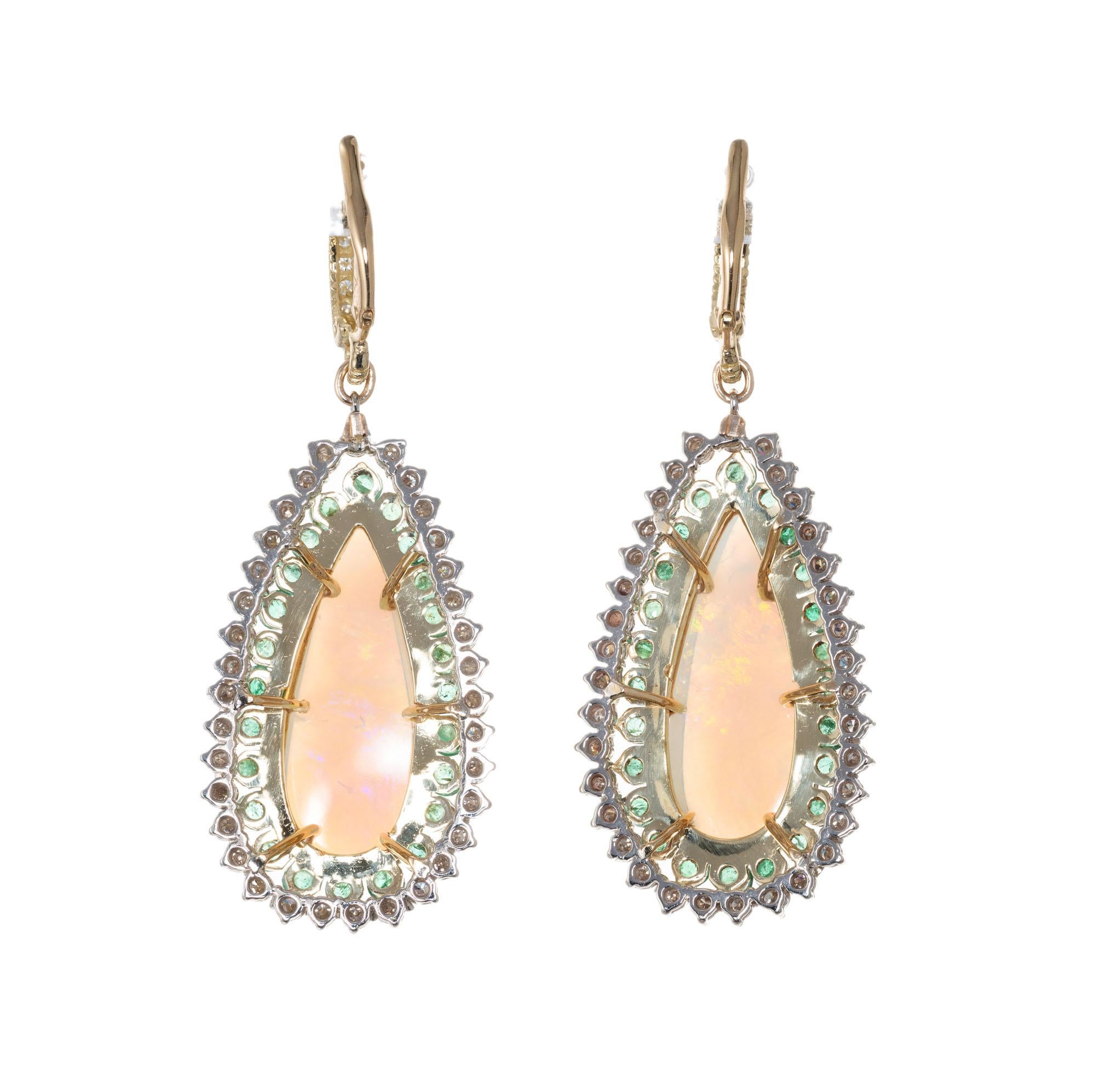 Pear Cut 14.00 Carat Opal Emerald Diamond Halo Gold Dangle Earrings  For Sale