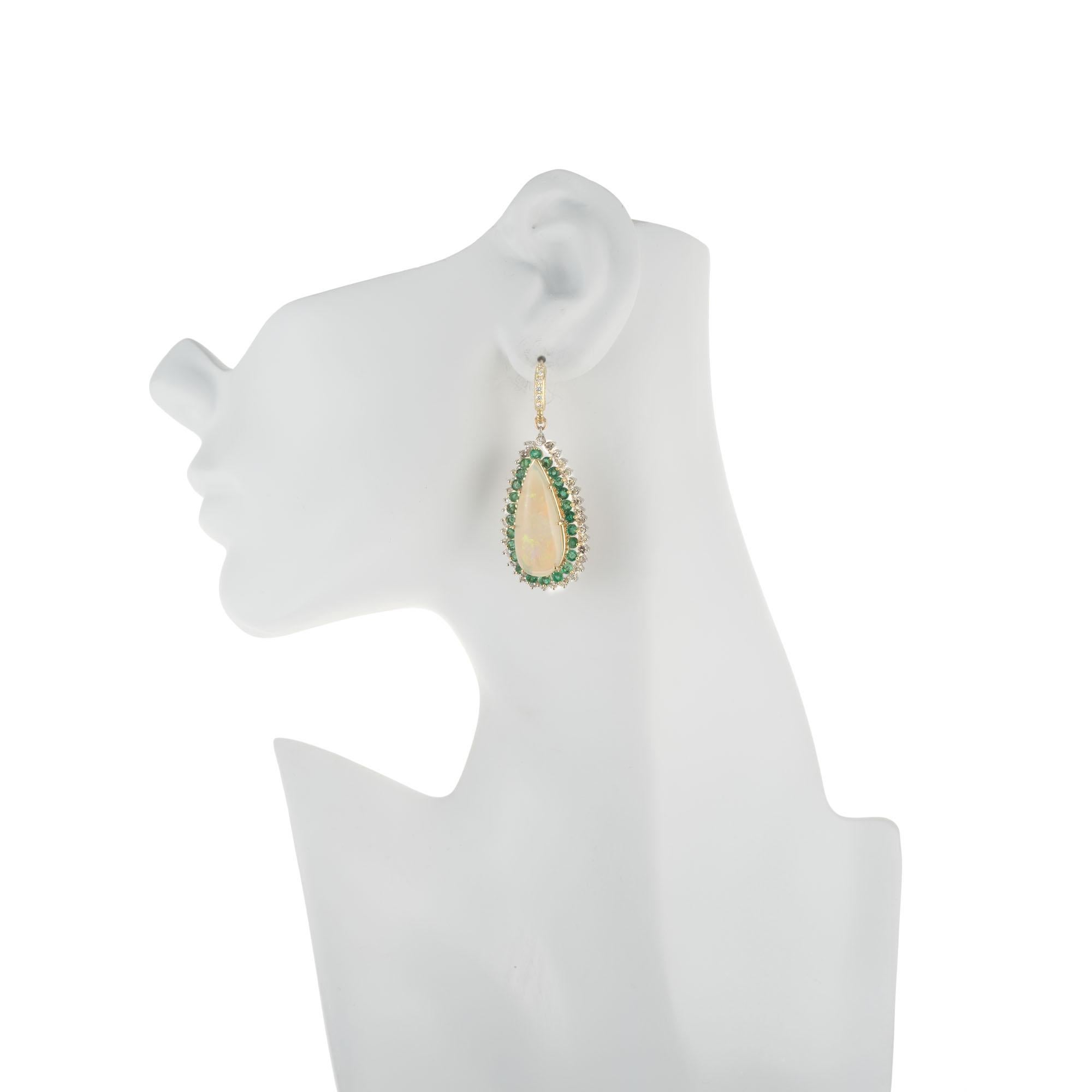 Women's 14.00 Carat Opal Emerald Diamond Halo Gold Dangle Earrings  For Sale