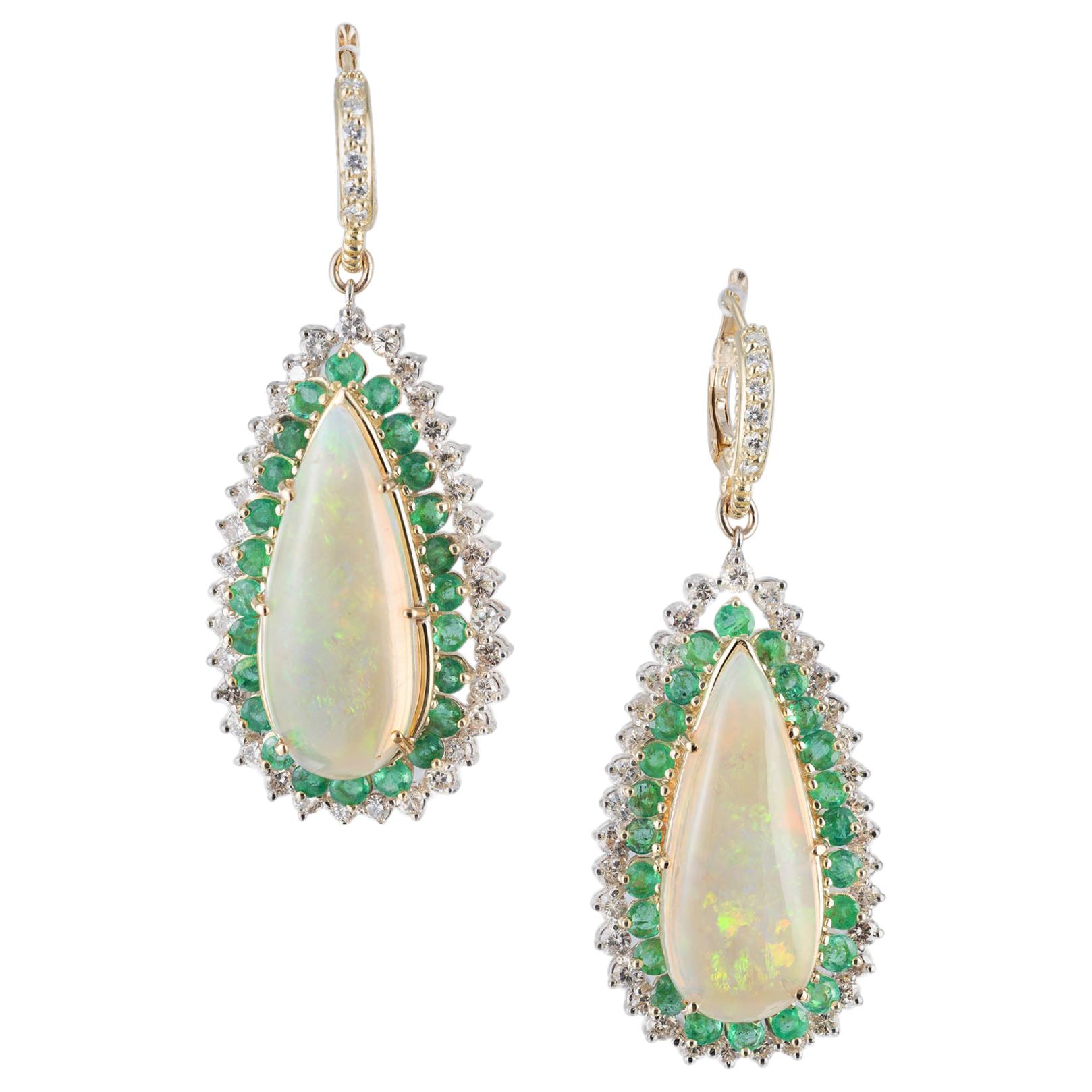 14.00 Carat Opal Emerald Diamond Halo Gold Dangle Earrings