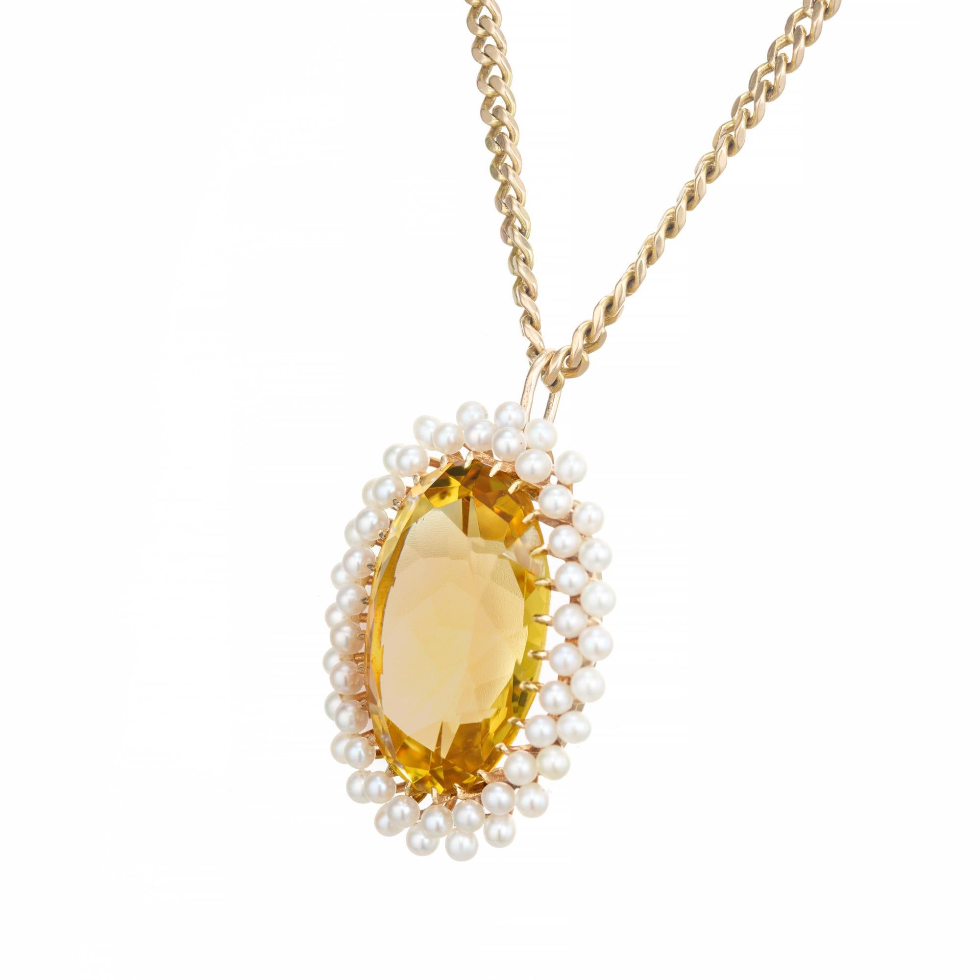 Oval Cut 14.00 Carat Oval Citrine Pearl Halo Yellow Gold Pendant Necklace For Sale