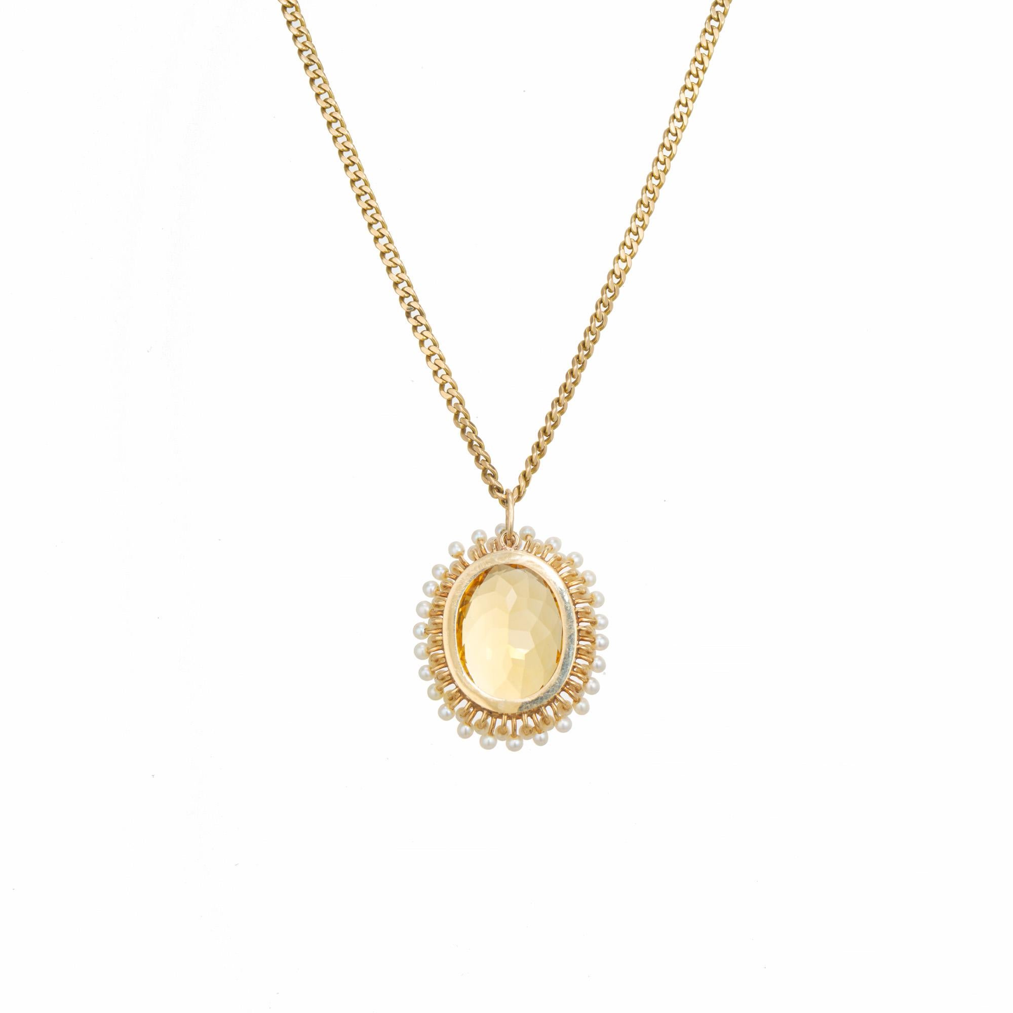 14.00 Carat Oval Citrine Pearl Halo Yellow Gold Pendant Necklace In Good Condition For Sale In Stamford, CT