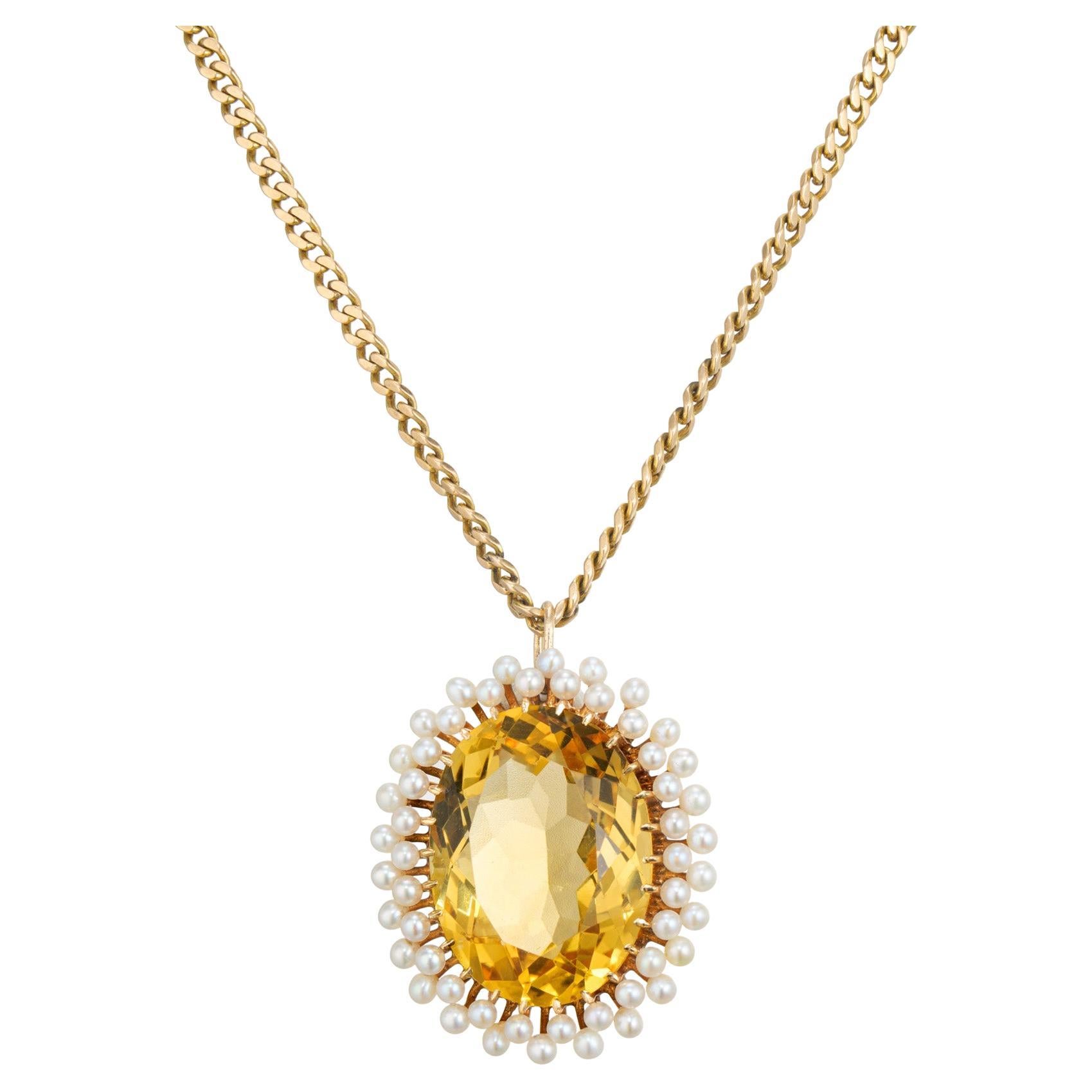14.00 Carat Oval Citrine Pearl Halo Yellow Gold Pendant Necklace For Sale