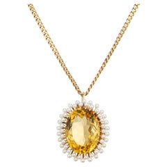 14.00 Carat Oval Citrine Pearl Halo Yellow Gold Pendant Necklace