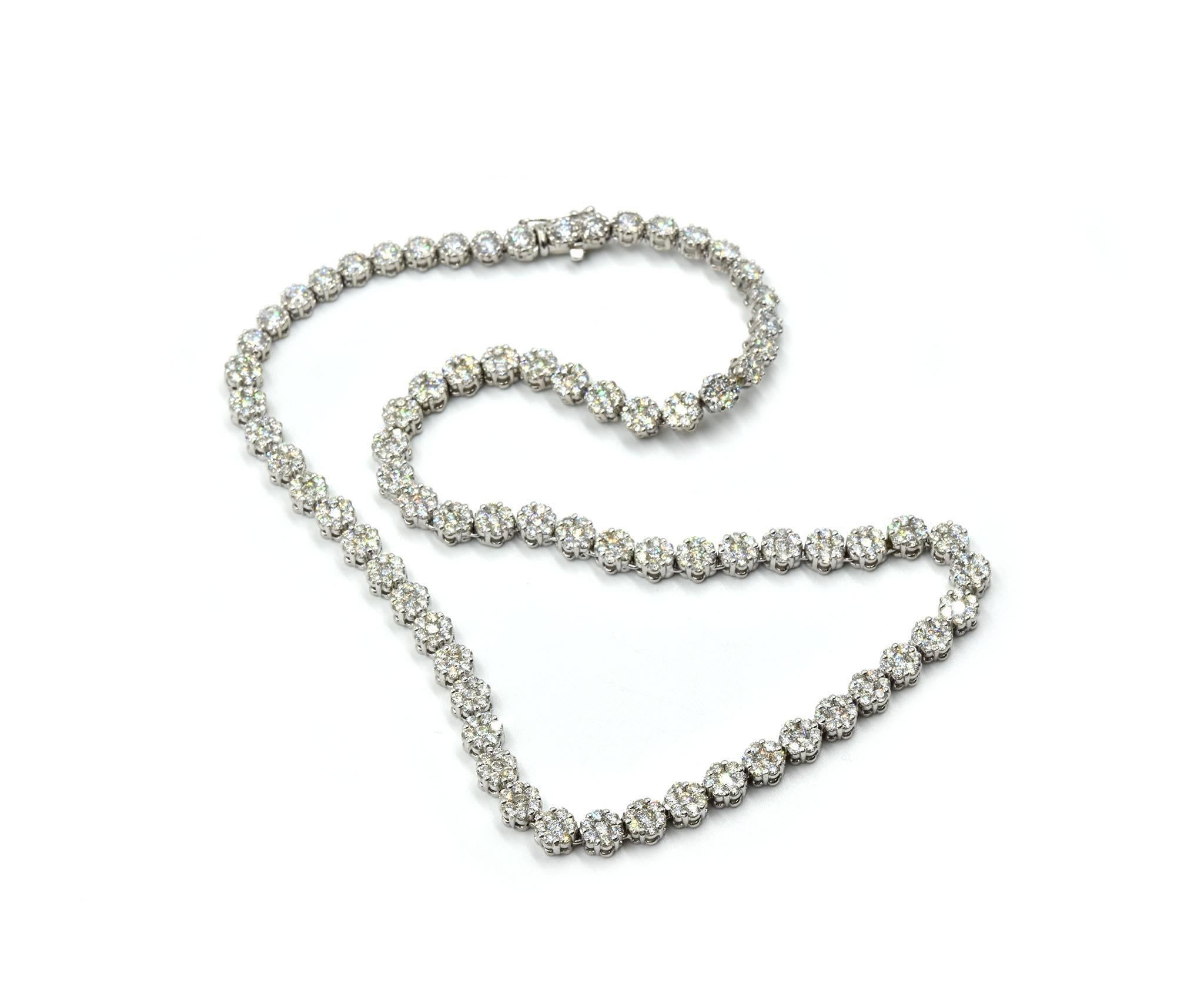 Designer: custom design
Material: 14k white gold
Diamonds: 14.00 carat total weight
Dimensions: necklace is 16-inches long and graduates in width up to 1/4th an inch
Weight: 35.80 grams
