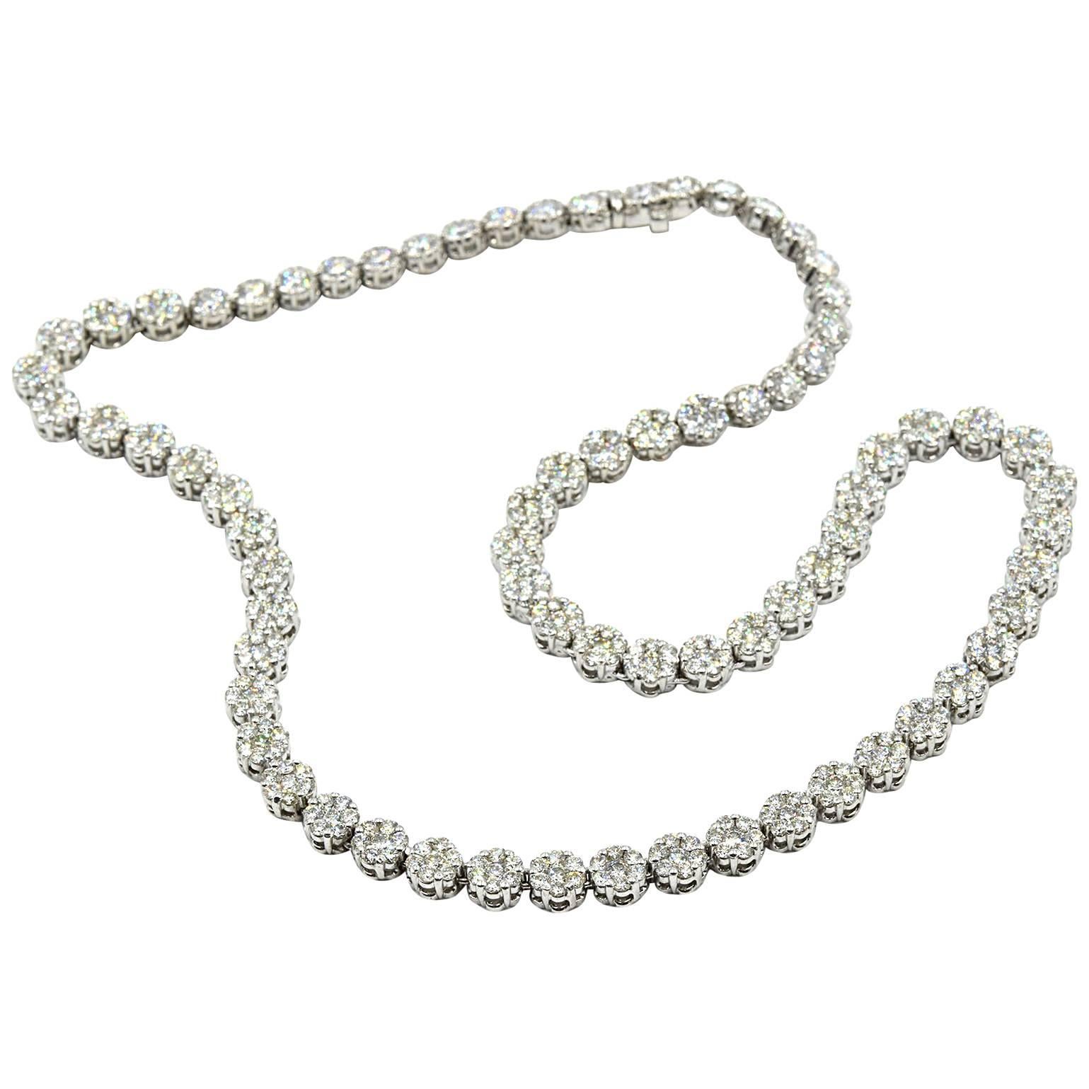 14.00 Carat Round Diamond Cluster In-Line Necklace 14 Karat White Gold