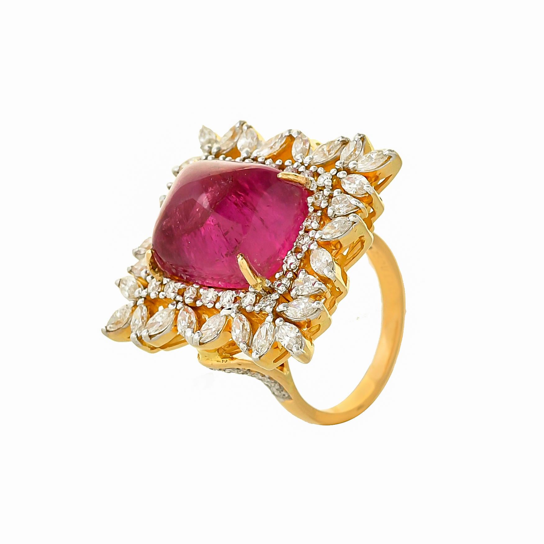 Cabochon 14.00 Carat Rubellite Diamond Cocktail Ring For Sale