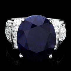 14.00 Carats Natural Sapphire and Diamond 14k Solid White Gold Ring
