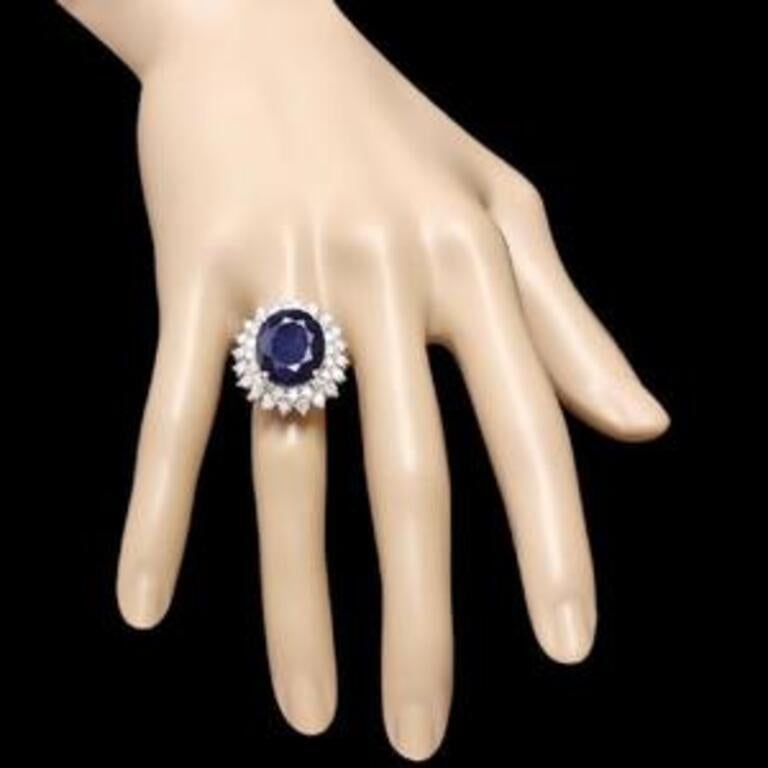 Round Cut 14.00 Carat Natural Sapphire and Diamond 14 Karat Solid White Gold Ring For Sale