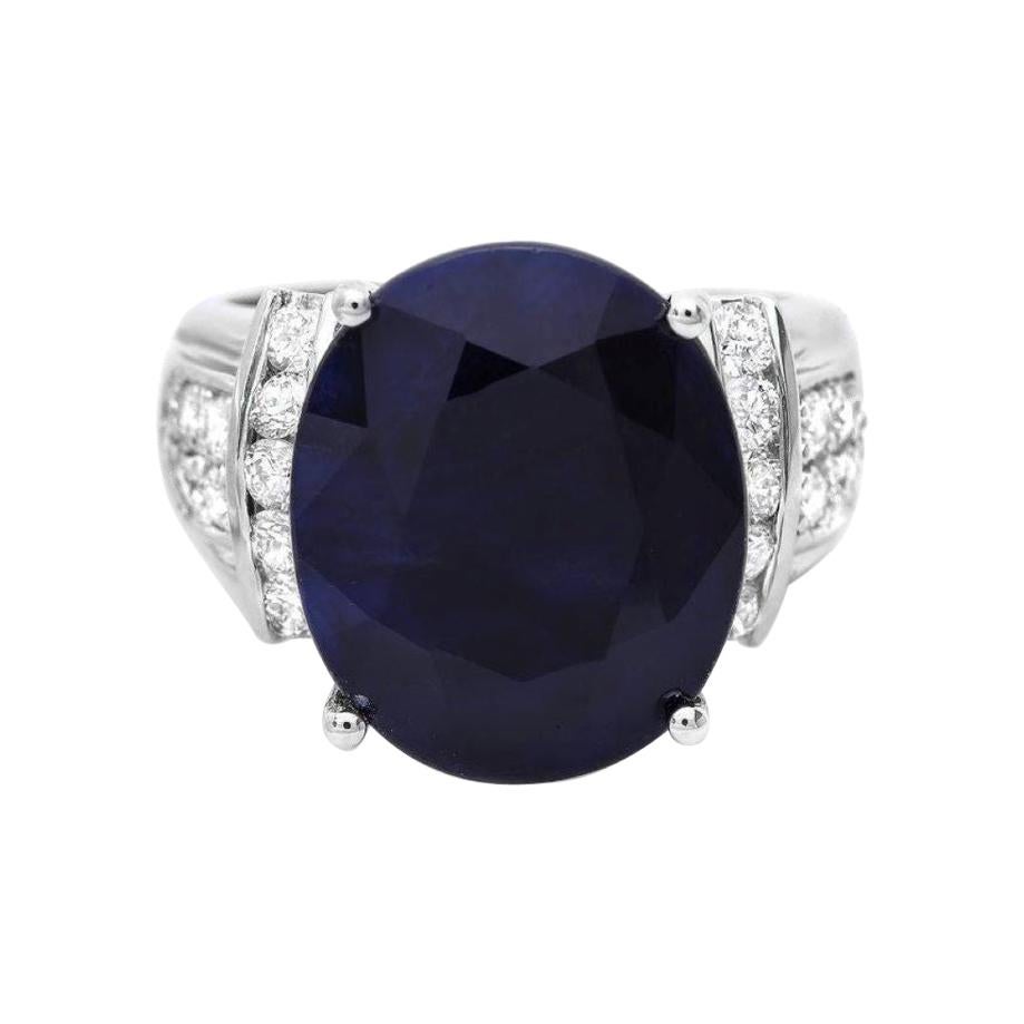 14.00 Carats Natural Sapphire and Diamond 14k Solid White Gold Ring For Sale