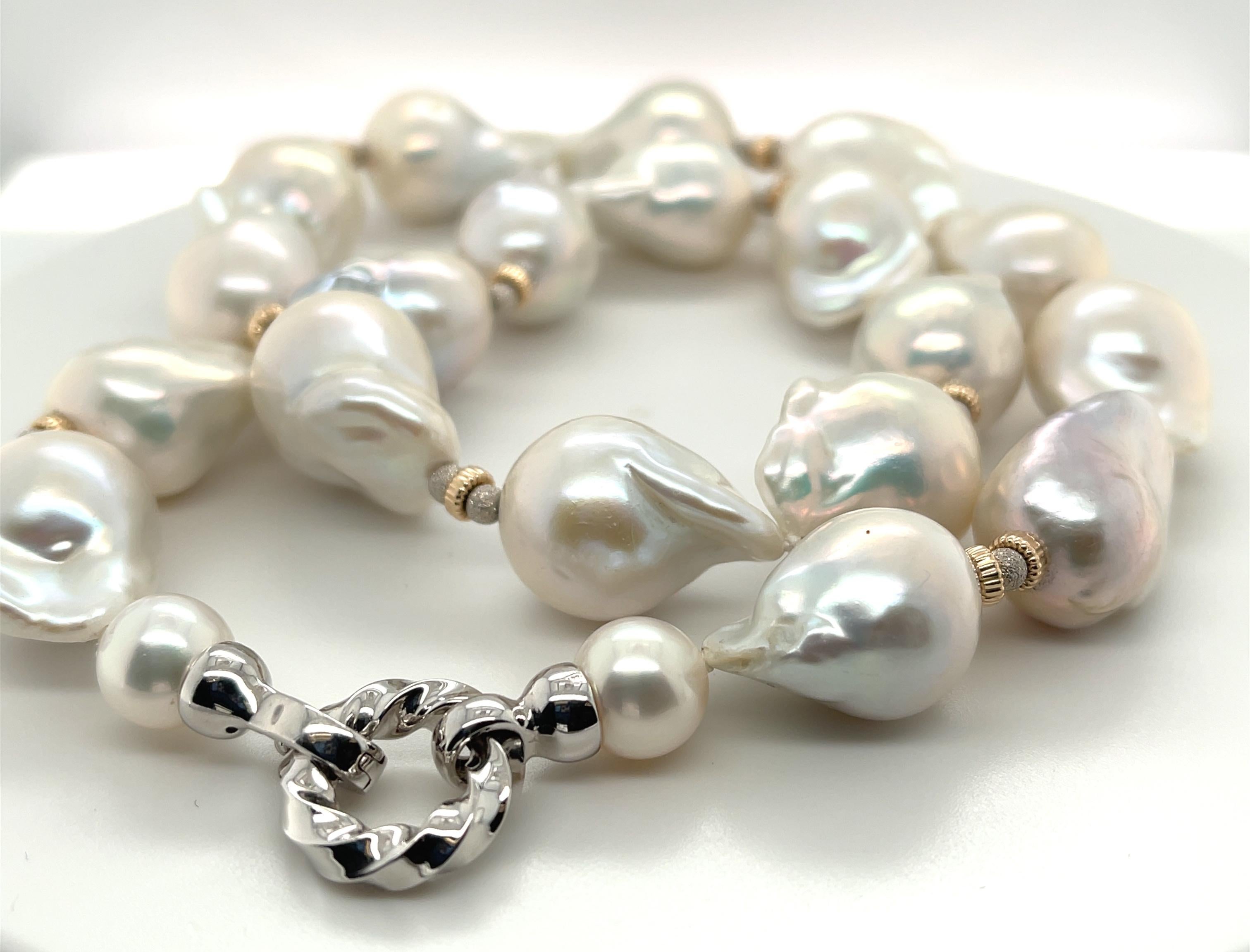 Artisan 14.00 to 16.00mm White Baroque Freshwater Pearl and White Gold Necklace For Sale