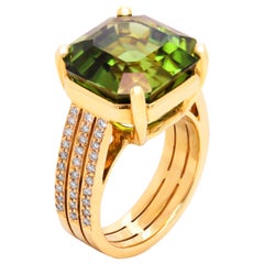 14.01 Carat Asscher Cut Peridot 18K Yellow Gold Diamond Cocktail Ring