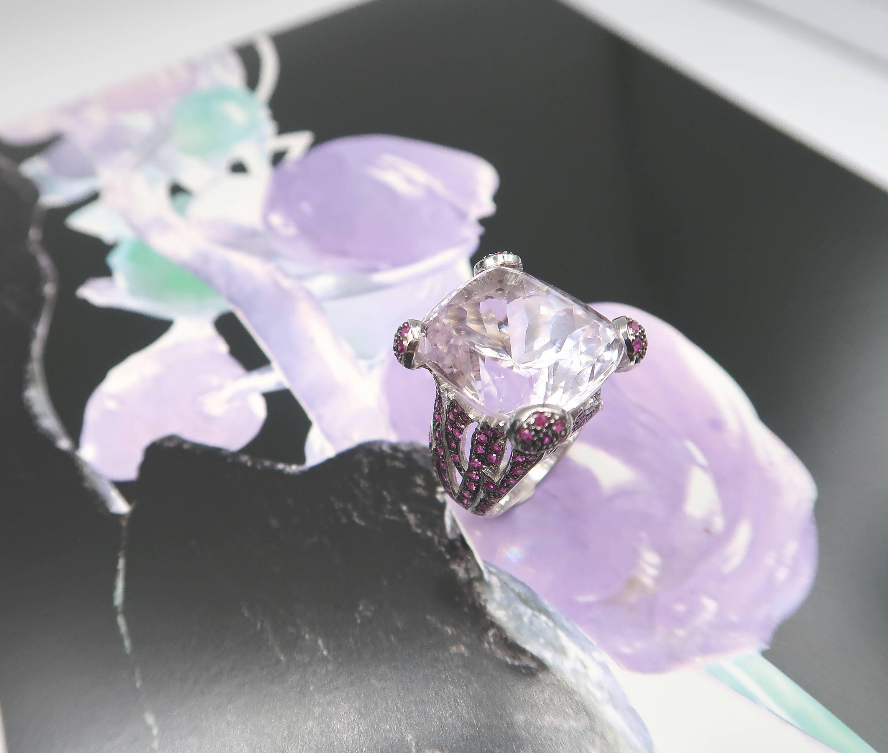 Gothic Revival 14.01 Carat Cushion Cut Kunzite and Pink Sapphire White Gold Cocktail Ring