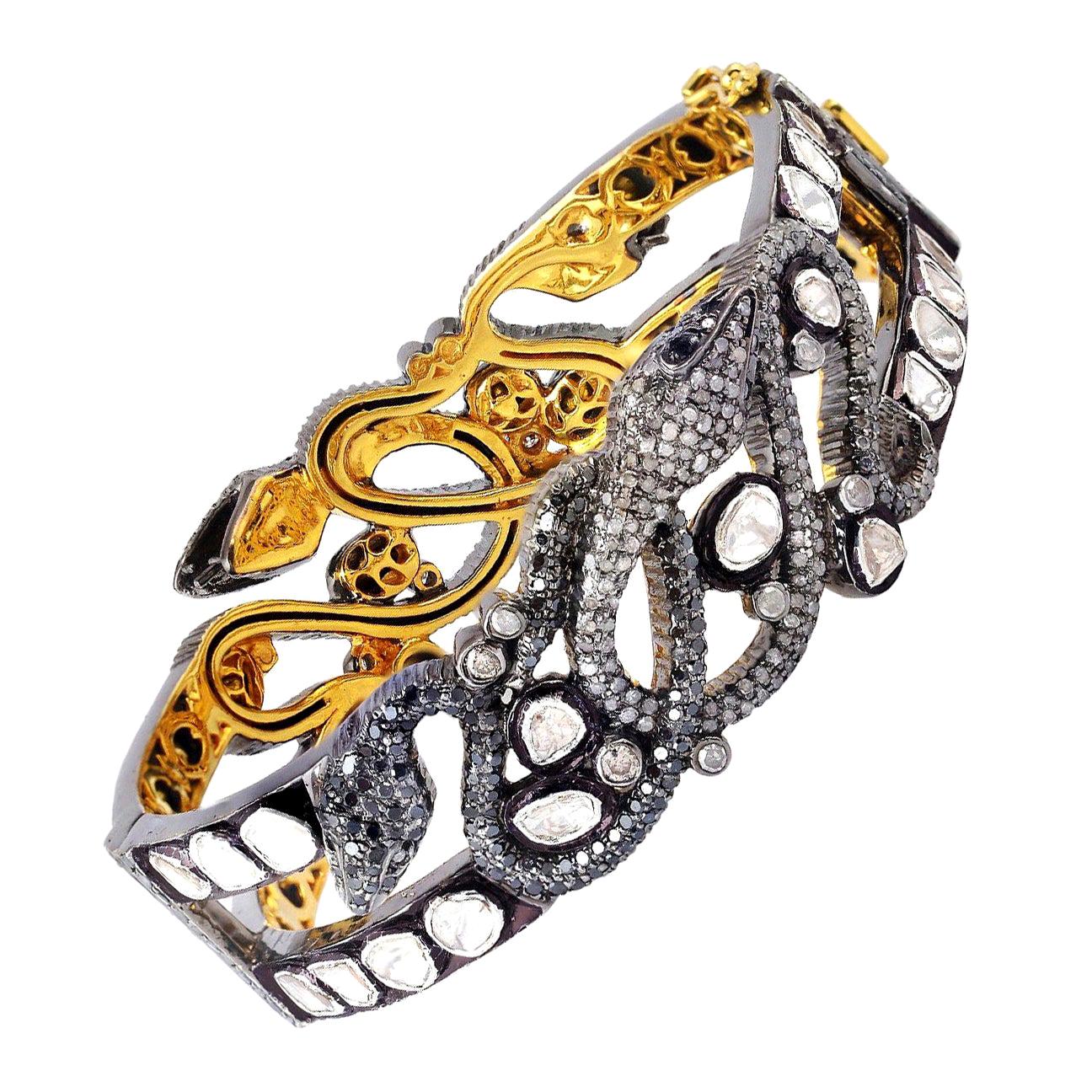 14.02 Carat Rose Cut Diamond Intertwined Snake Bracelet