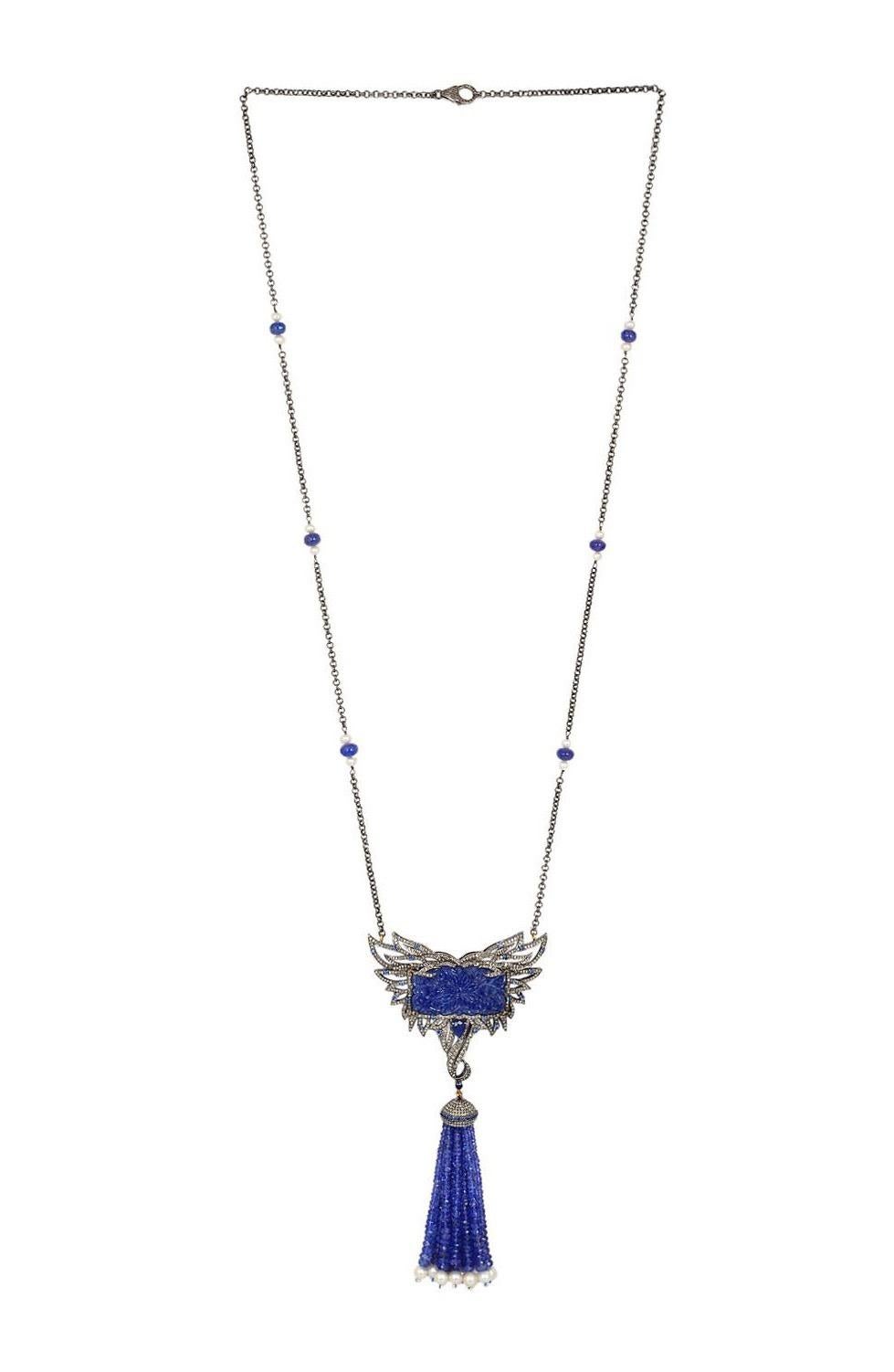Artisan 140.29 carat Tanzanite Sapphire Pearl Tassel Wing Diamond Necklace For Sale