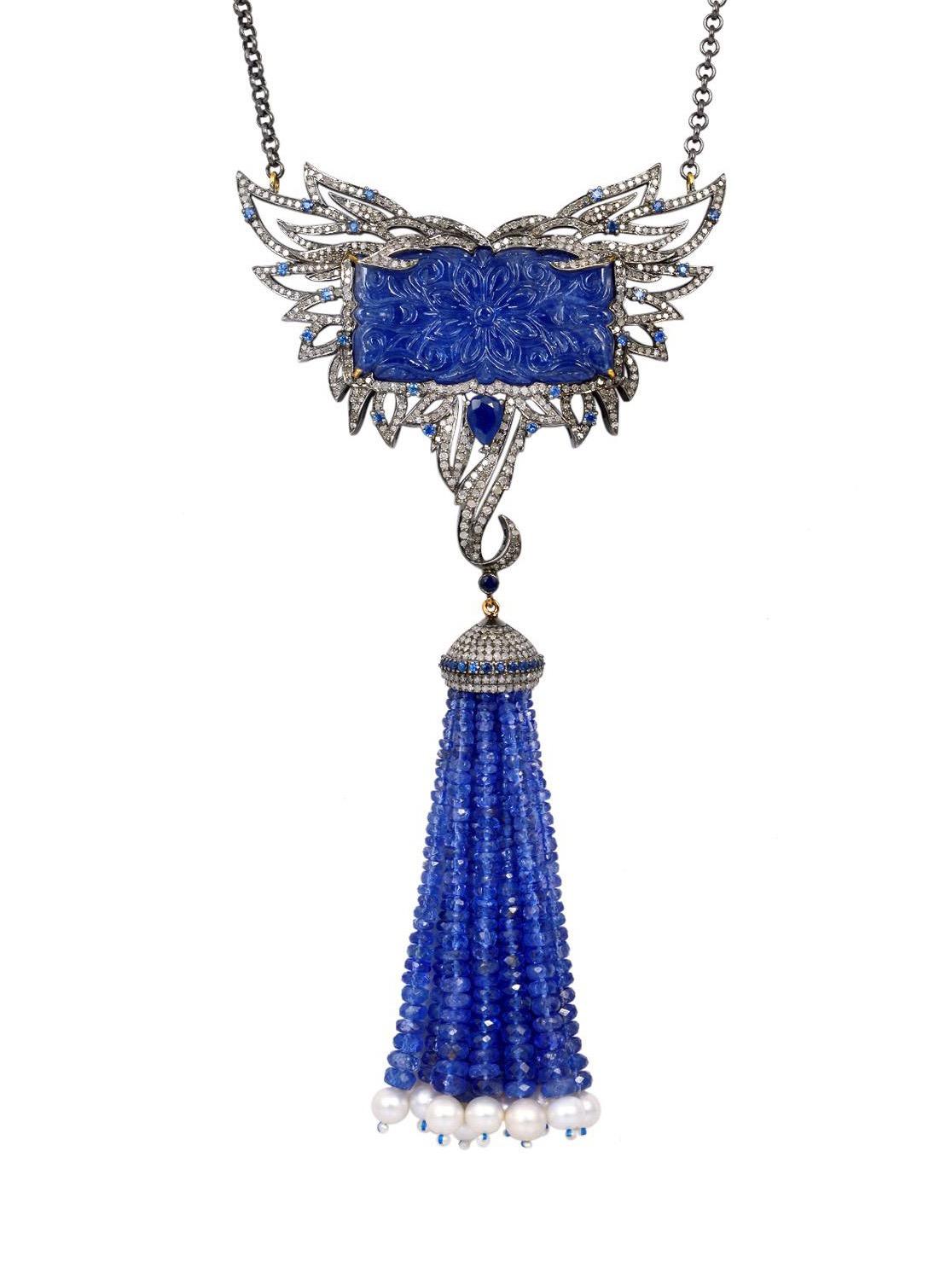 140,29 Karat Tansanit Saphir Perle Quaste Flügel Diamant-Halskette im Zustand „Neu“ im Angebot in Hoffman Estate, IL