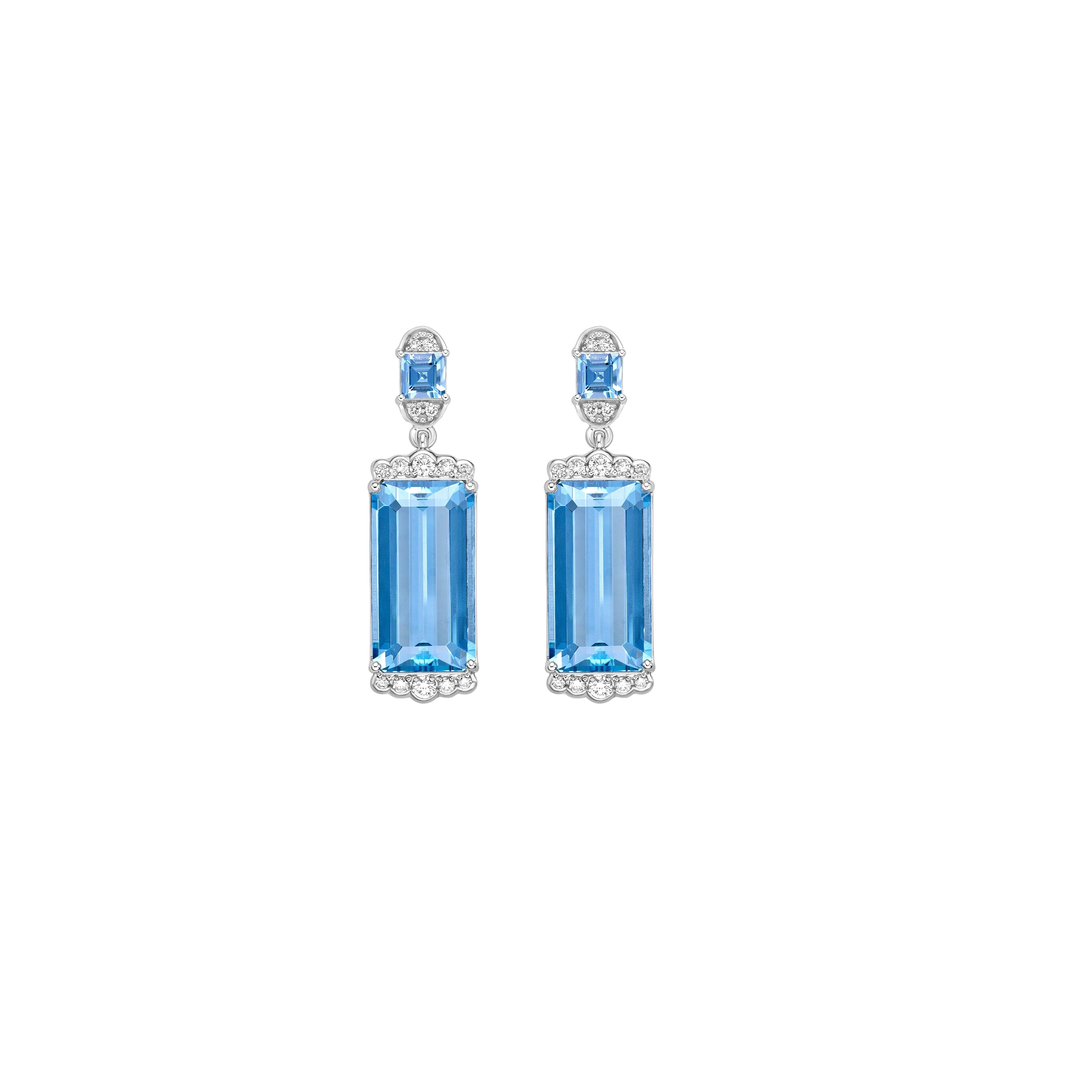 Contemporary 14.03 Carat Aquamarine Drop Earring in 18KWG with White Diamond. For Sale