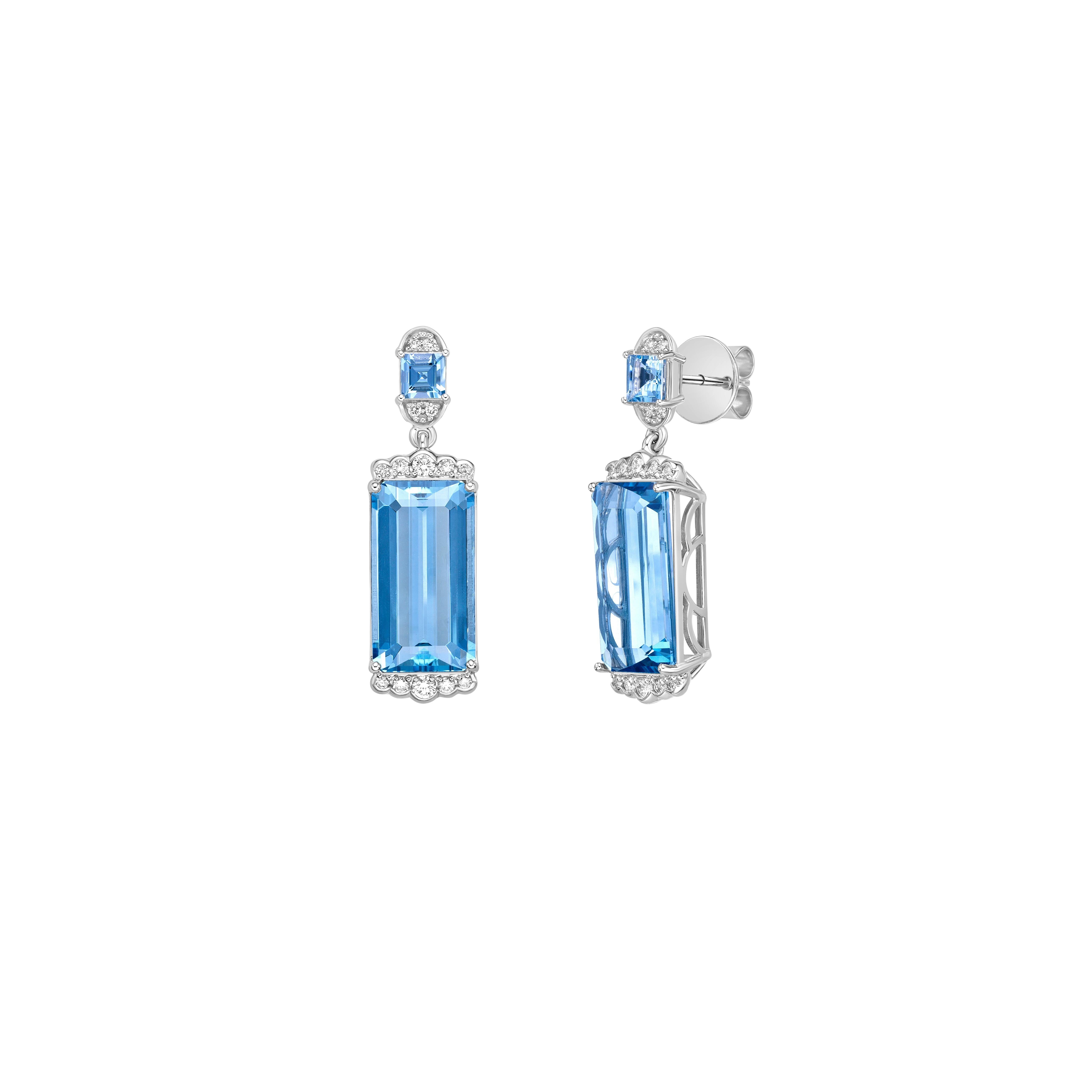 Octagon Cut 14.03 Carat Aquamarine Drop Earring in 18KWG with White Diamond. For Sale