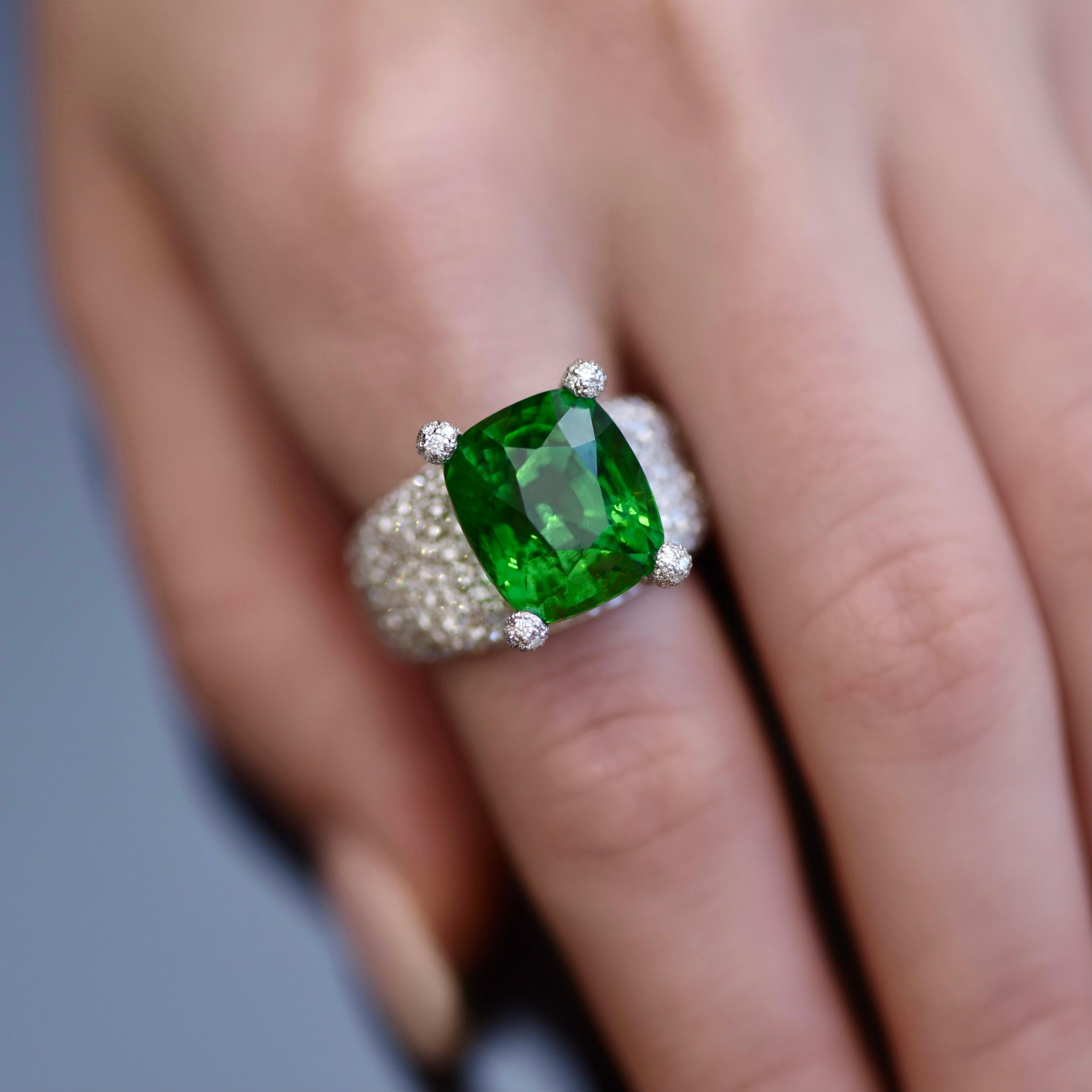 One of a kind ring with rare tsavorite from limited High Jewellery Glam Collection by D&A. 
Cocktail ring in our opinion should be attractive and give you confidence that you are a star.
In this ring you could feel that you are a queen. 
We decided