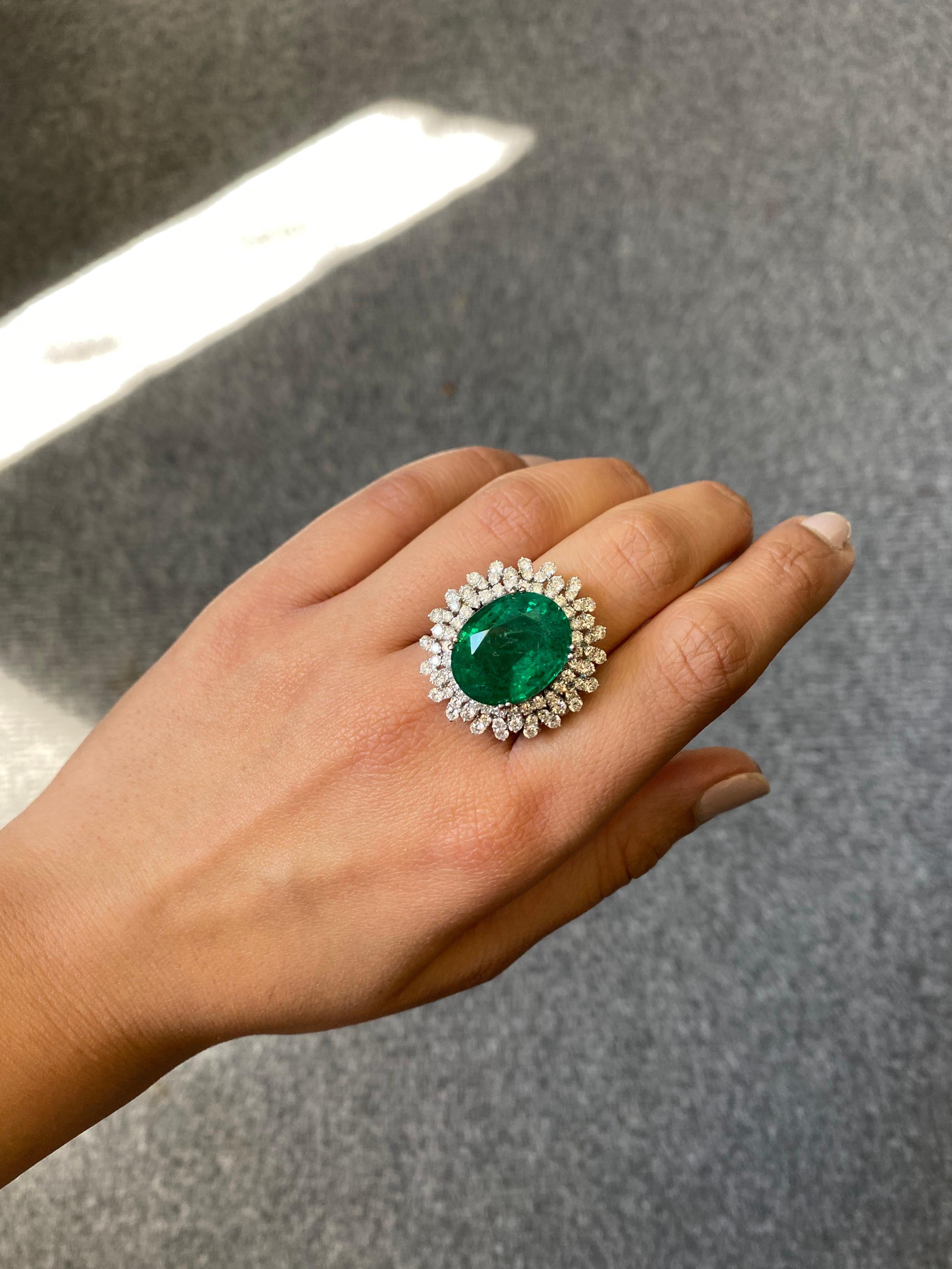 Modern 14.03 Carat Oval-Shape Emerald and Diamond Cocktail Ring