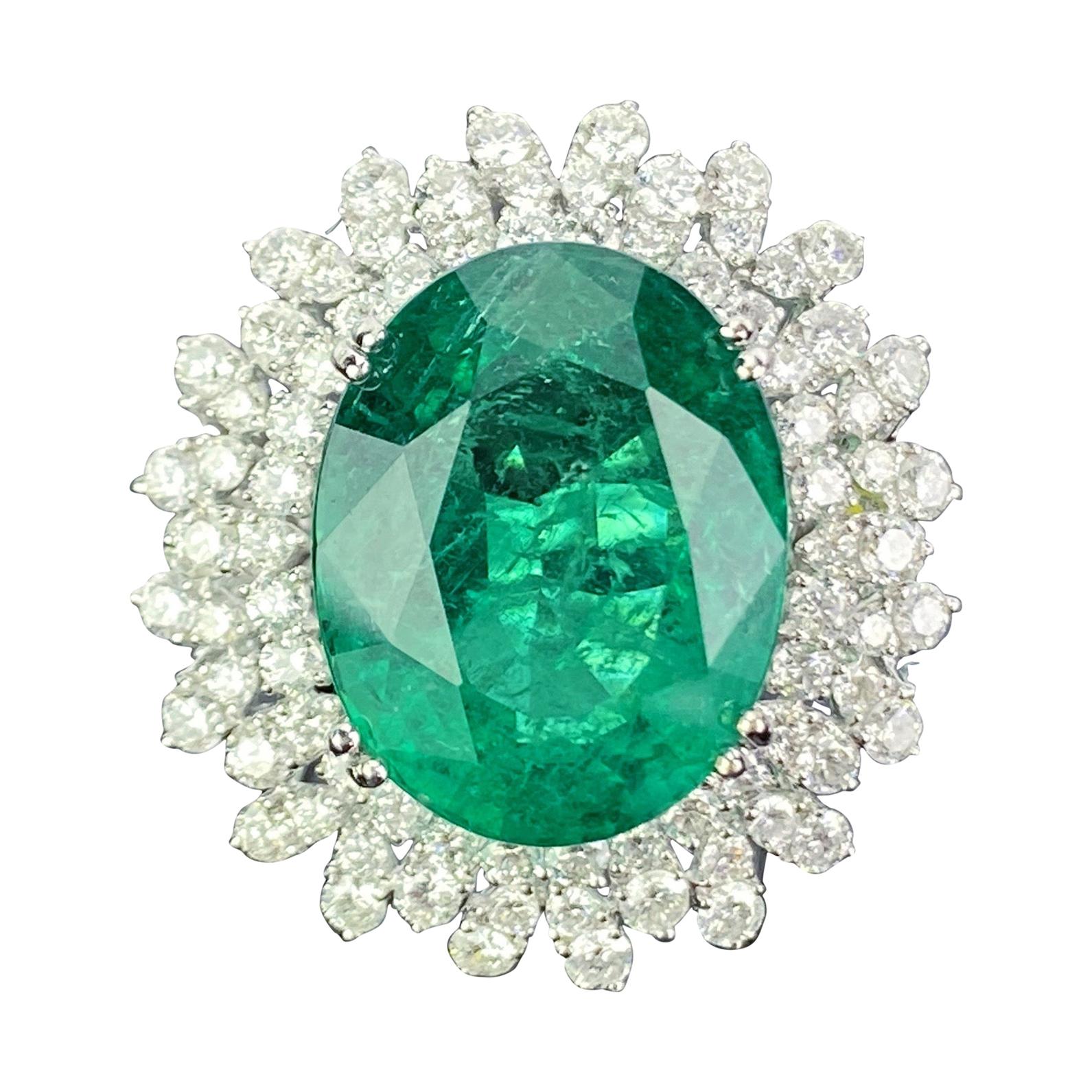 14.03 Carat Oval-Shape Emerald and Diamond Cocktail Ring