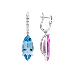 14.03 Carat Natural Morganite and Aqua Diamond Harlequin Drop Earrings 18K White