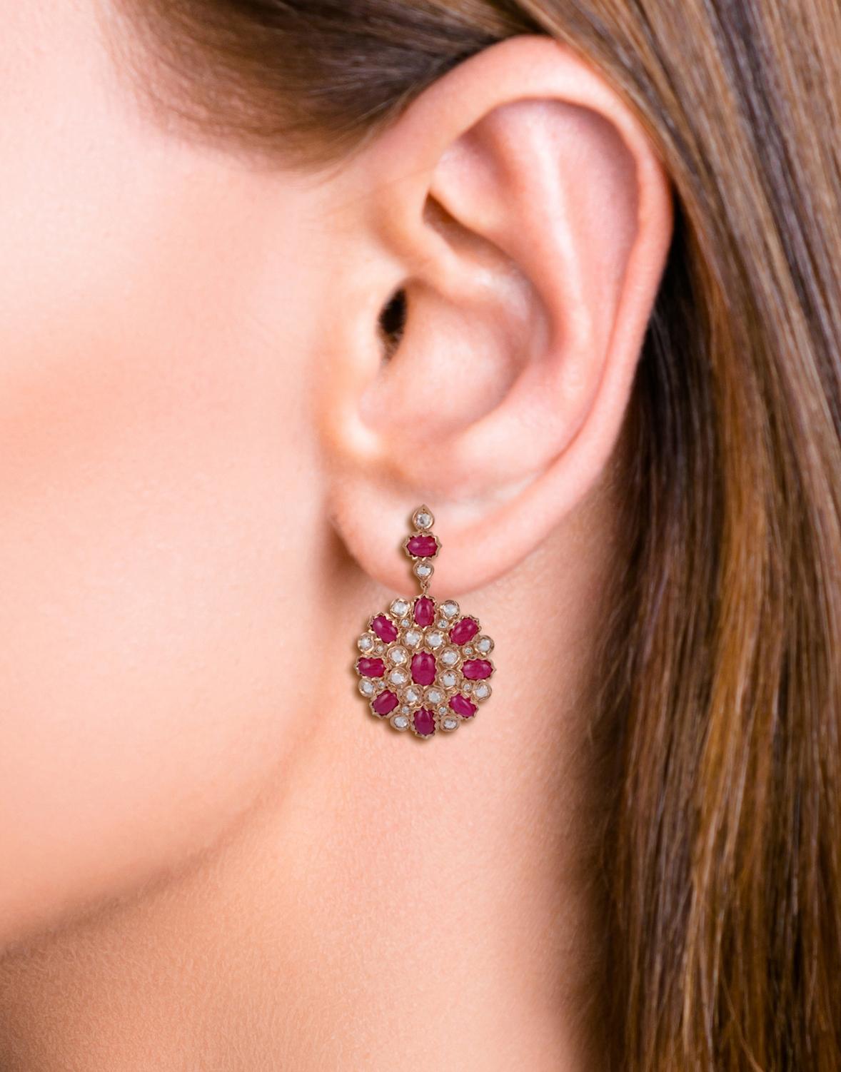 Cabochon 14.04 Carat Burma Ruby Diamond Chandelier Earrings in 18k Rose Gold For Sale