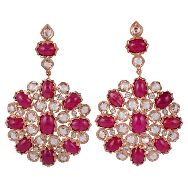 Rubis de Birmanie 14,04 carats  Boucles d'oreilles chandelier en or rose 18k avec diamants