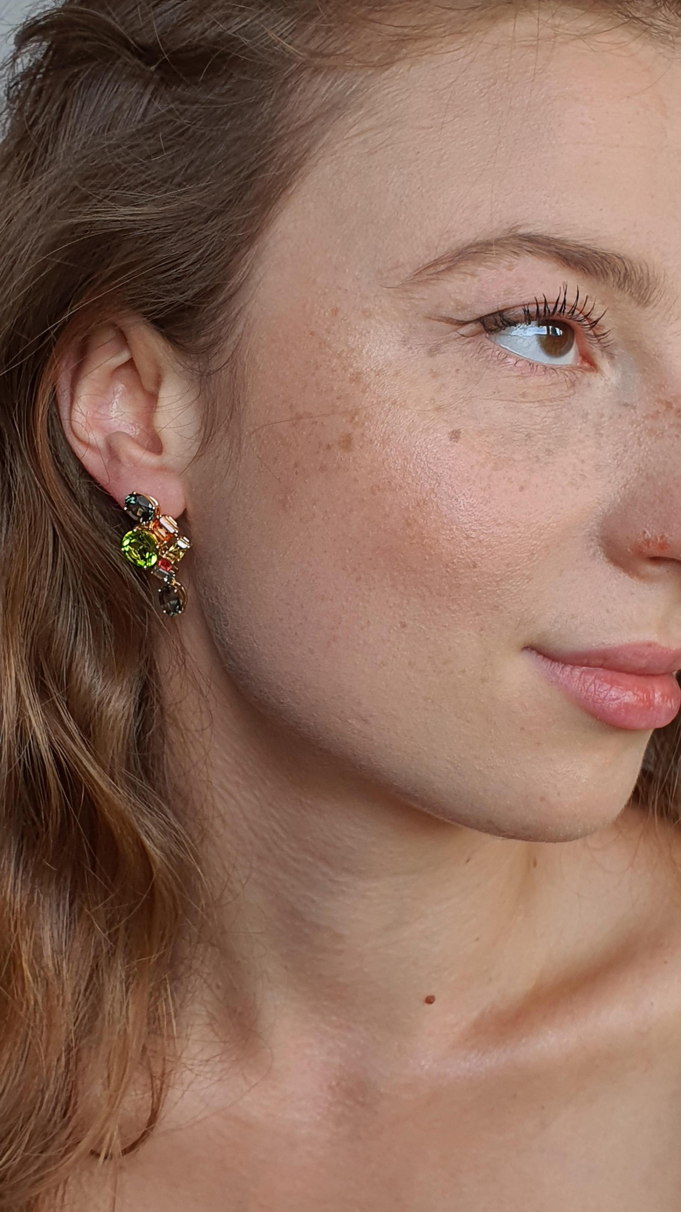 
These earrings feature an abstract multigem composition inspired by Chinese Emperor color palette. Chinese royal kimonos are decorated with bright florals and exotic birds which fascinated ALPENGEM designers to create these earrings. Orange,