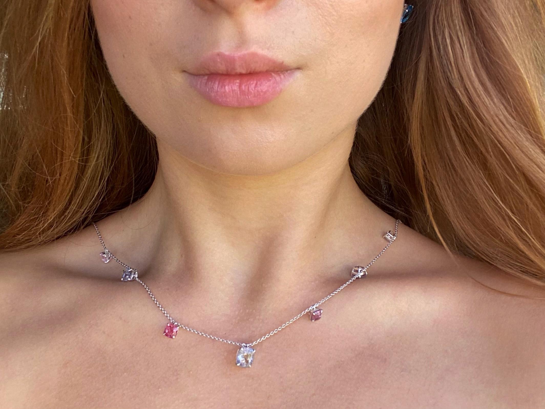 An elegant necklace will add that final touch to your outfit. The 18K multicolored spinel white gold link chain with adjustable clasp will make a worthy addition to your collection of designer accessories.

These 7 radiant cut spinels with a diverse