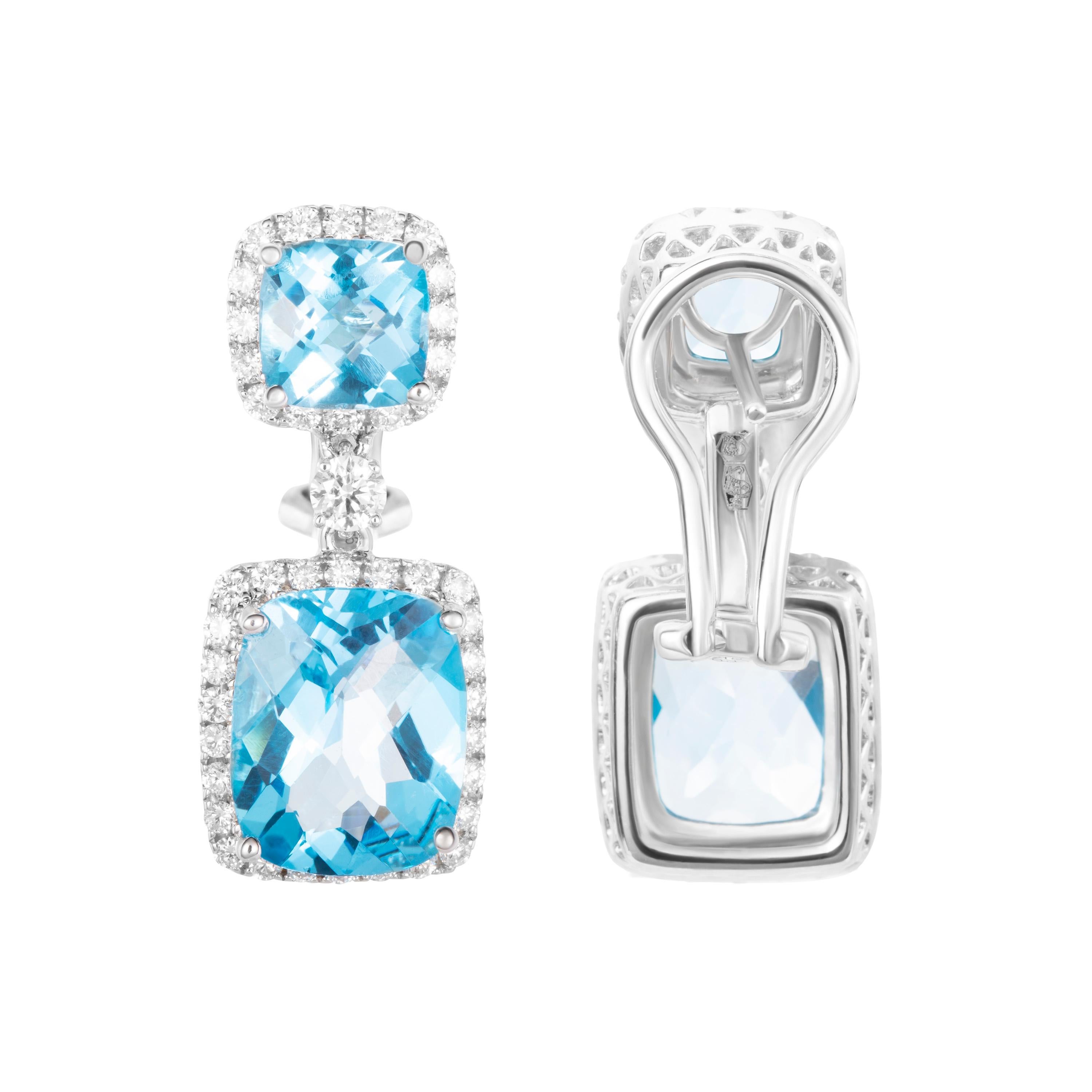 Contemporary 14.05 Carat Cushion Blue Topaz Diamond 18 Karat White Gold Dangle Drop Earrings