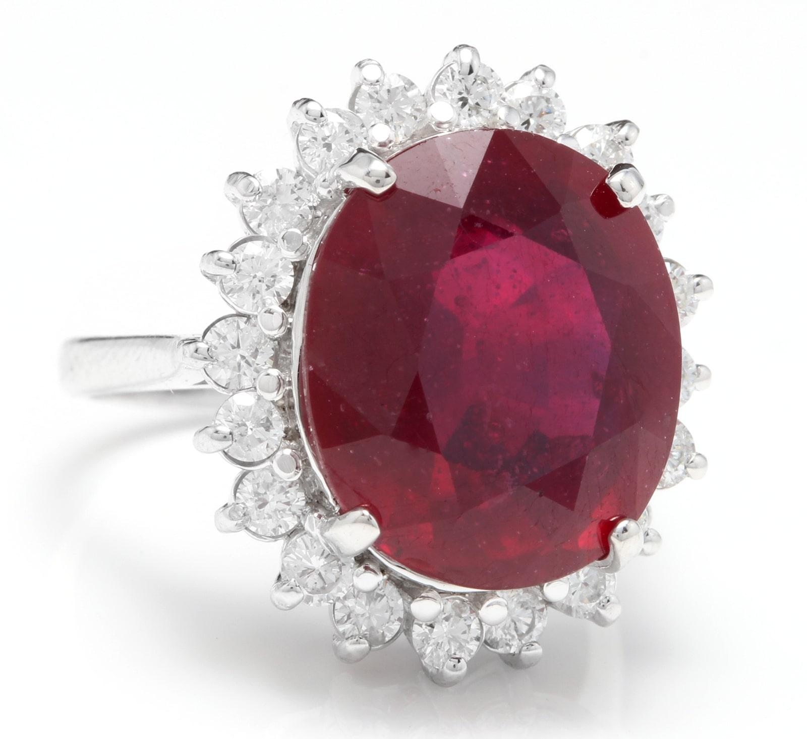 14.05 Carats Impressive Red Ruby and Natural Diamond 14K White Gold Ring

Suggested Replacement Value: $6,800.00

Total Red Ruby Weight is: Approx. 13.00 Carats

Ruby Treatment: Lead Glass Filling

Ruby Measures: Approx. 14.50 x 12.50mm

Natural