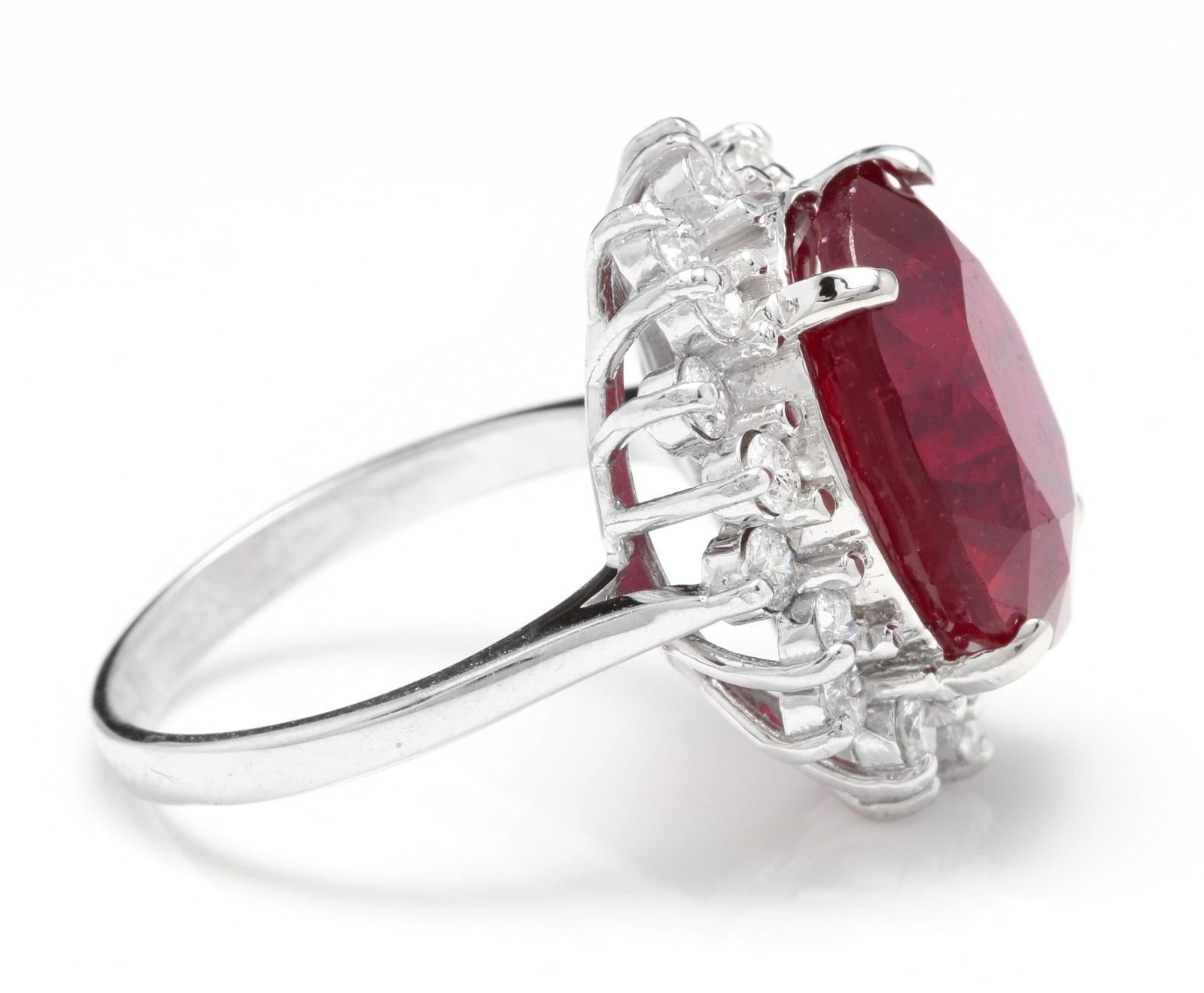 Mixed Cut 14.05 Carats Red Ruby and Natural Diamond 14k Solid White Gold Ring For Sale
