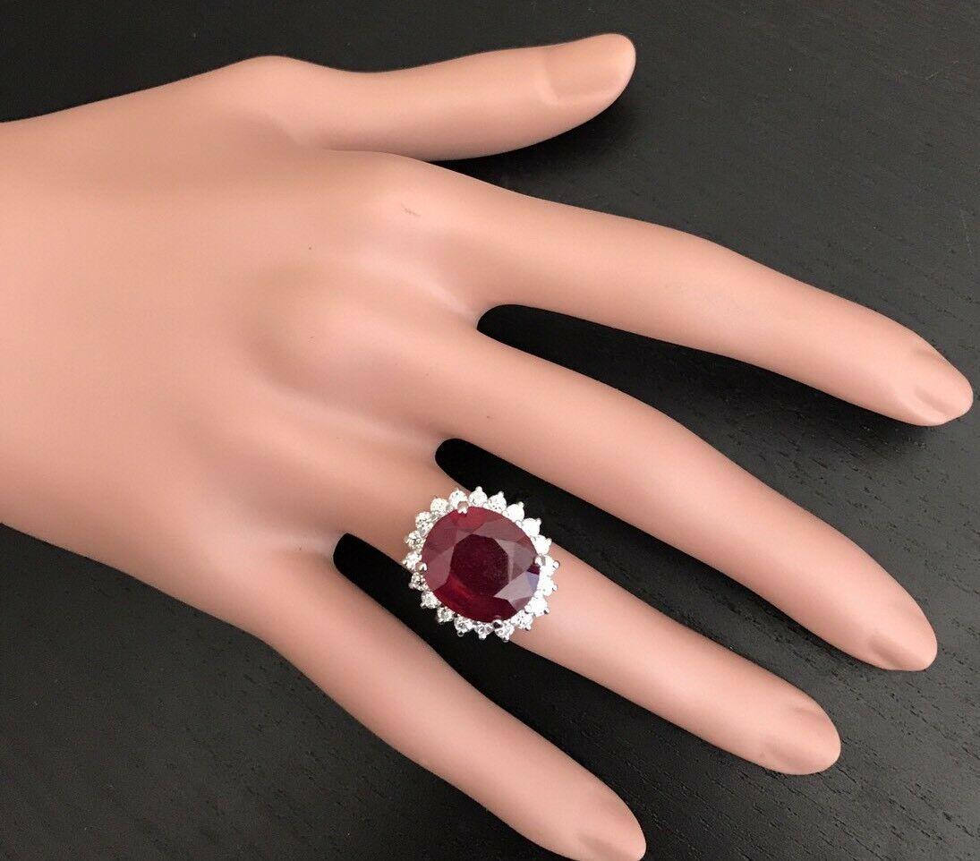 14.05 Carats Red Ruby and Natural Diamond 14k Solid White Gold Ring For Sale 2