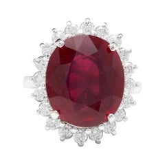 14.05 Carats Red Ruby and Natural Diamond 14k Solid White Gold Ring