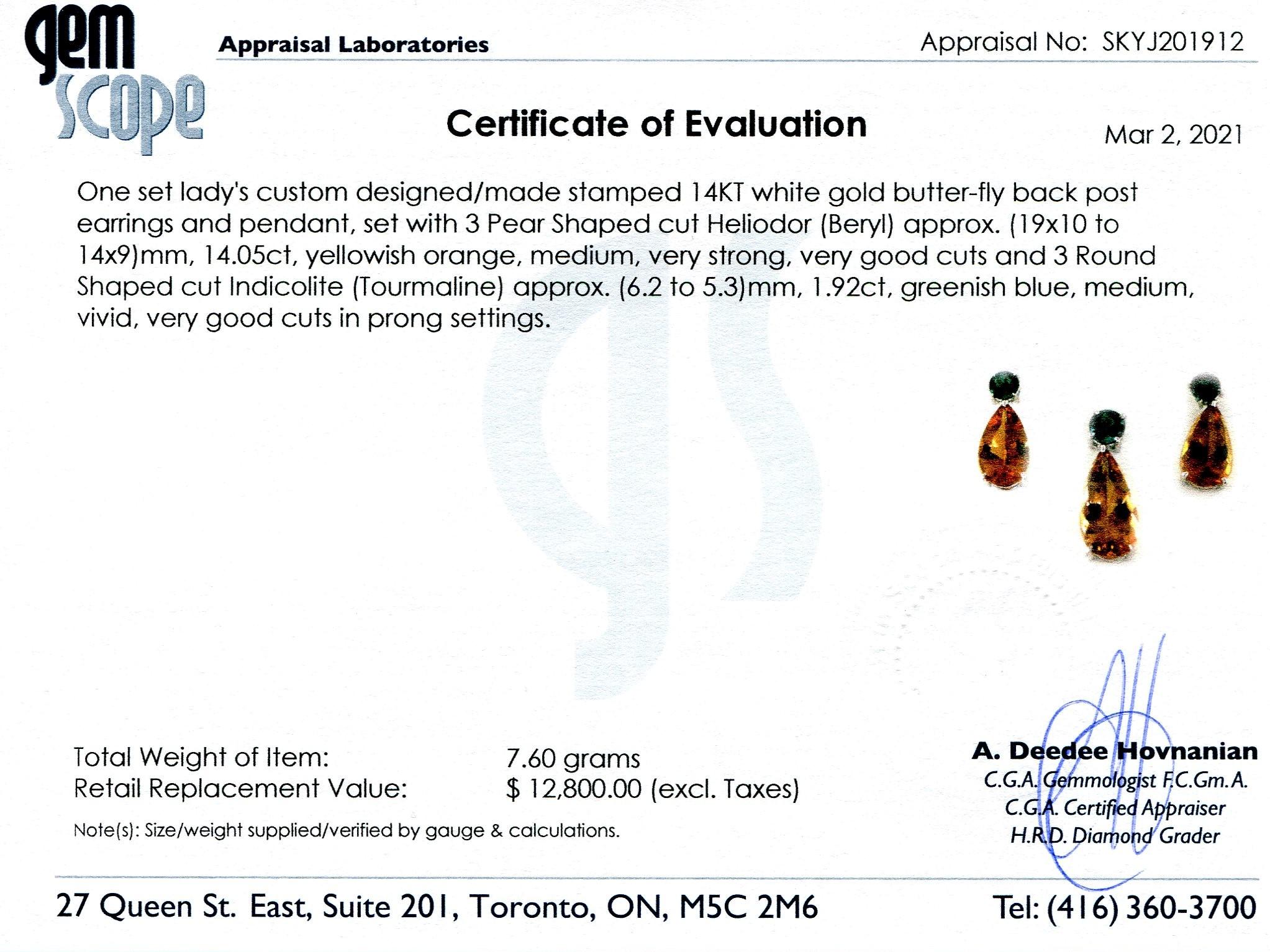 The appraisal reads as follows:

Gem Scope Appraisal Laboratories
Appraisal No: SKYJ201912

Certificate of Evaluation

 

One set lady's custom designed/made stamped 14K white gold butter-fly back post earrings and pendant, set with 3 Pear Shaped