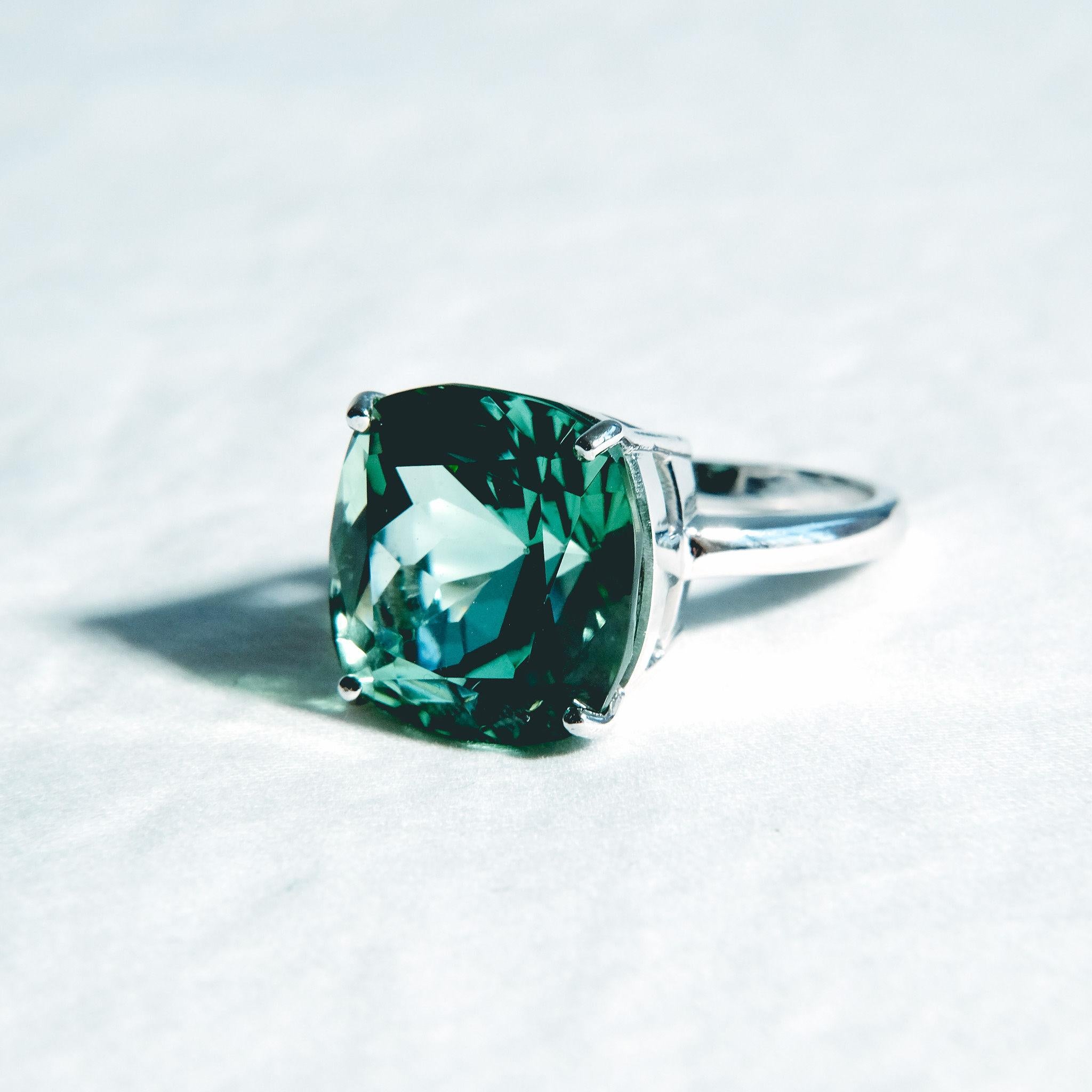 14.06 Green Tourmaline Solitaire Ring-Cushion Cut-18KT White Gold-GIA Certified For Sale 1