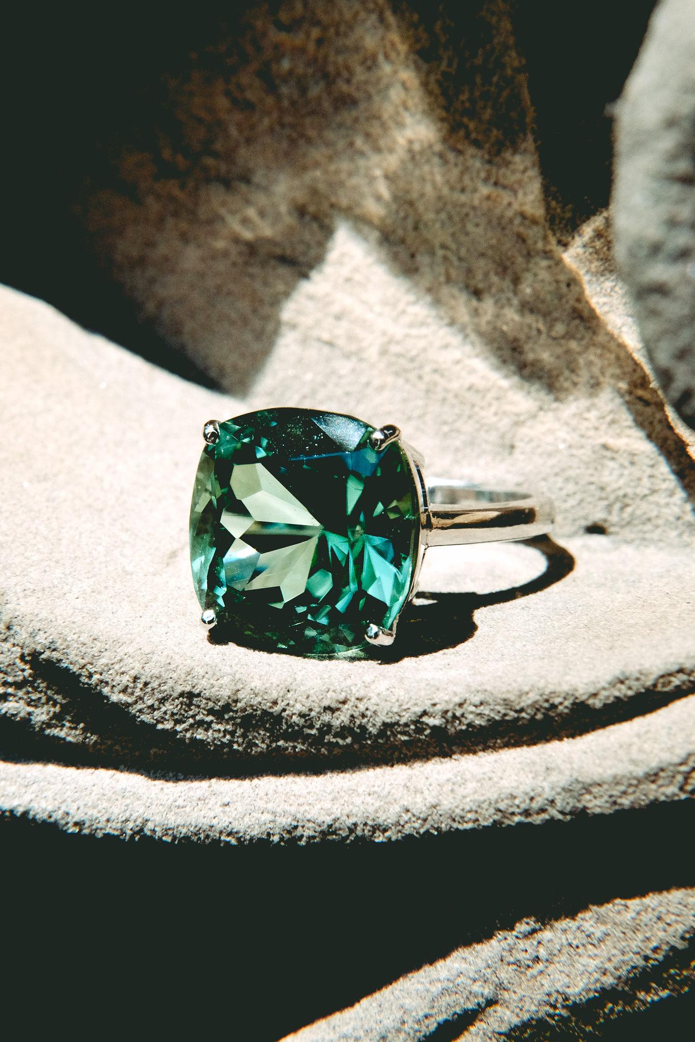 14.06 Green Tourmaline Solitaire Ring-Cushion Cut-18KT White Gold-GIA Certified For Sale 6