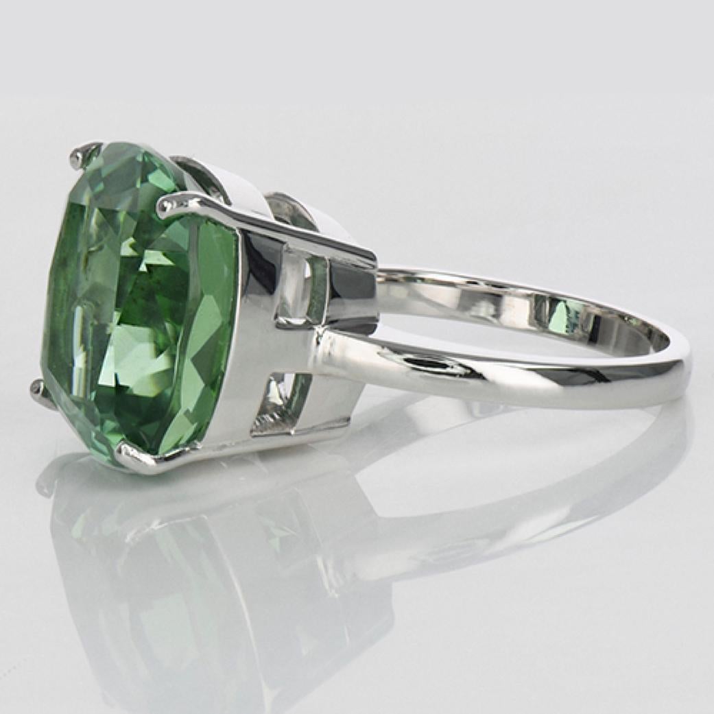 Modern 14.06 Green Tourmaline Solitaire Ring-Cushion Cut-18KT White Gold-GIA Certified For Sale