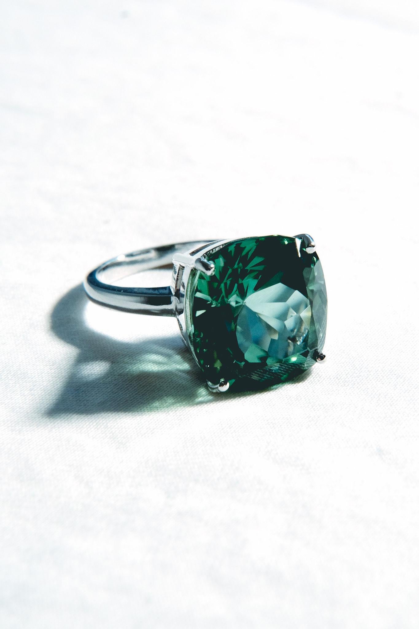 Women's or Men's 14.06 Green Tourmaline Solitaire Ring-Cushion Cut-18KT White Gold-GIA Certified For Sale