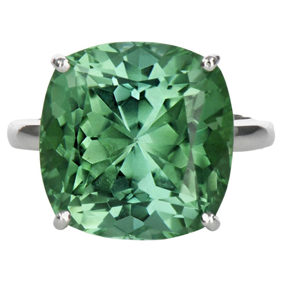 14.06 Green Tourmaline Solitaire Ring-Cushion Cut-18KT White Gold-GIA Certified For Sale