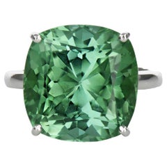 14.06 Green Tourmaline Solitaire Ring-Cushion Cut-18KT White Gold-GIA Certified