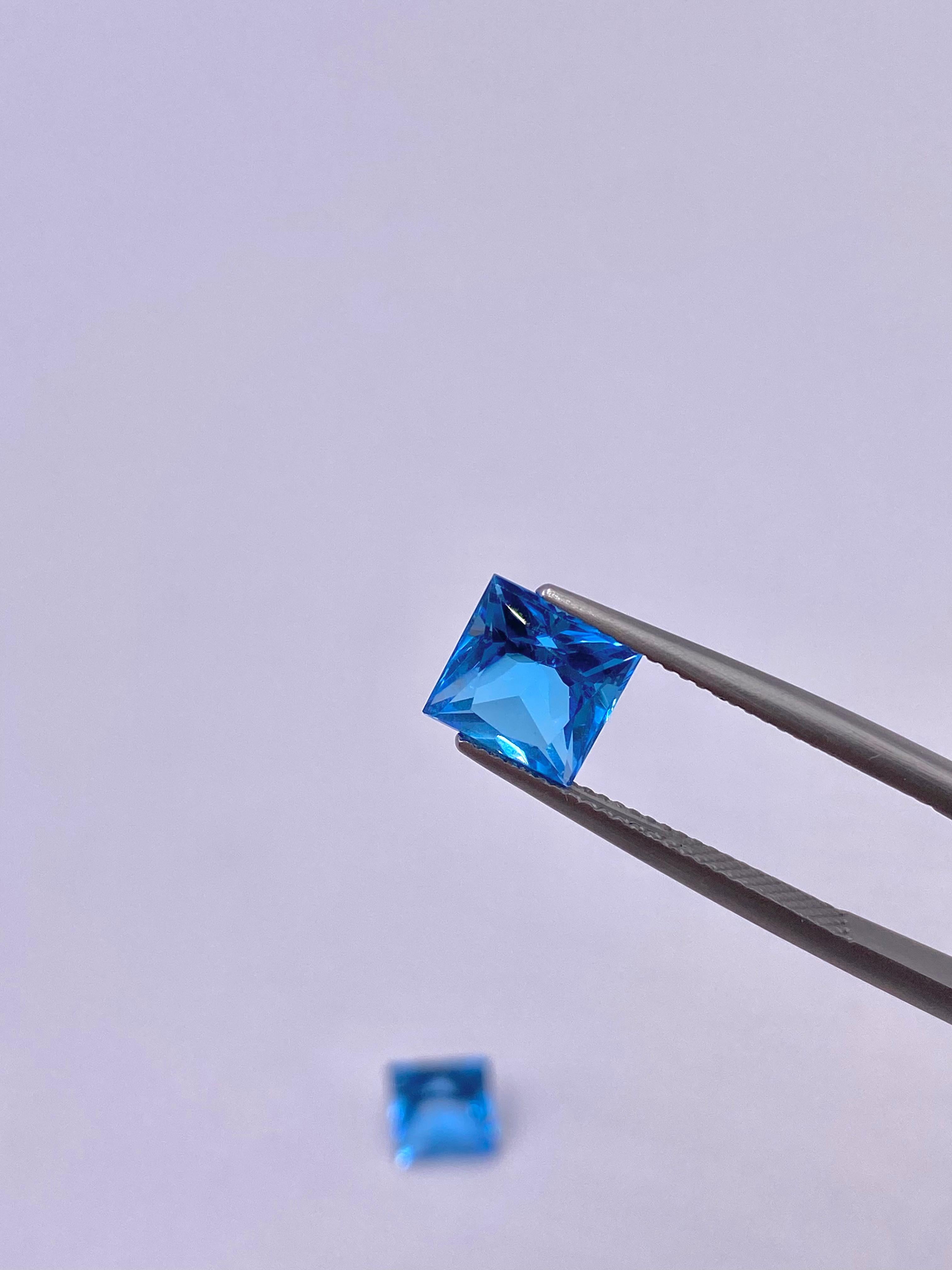 Two square cut 7.05 and 7.02 Carat Brazilian Blue Topaz

Measuring approximately 10.80 x 10.90 mm with striking Swiss blue color( medium-dark bluish-green)
 
