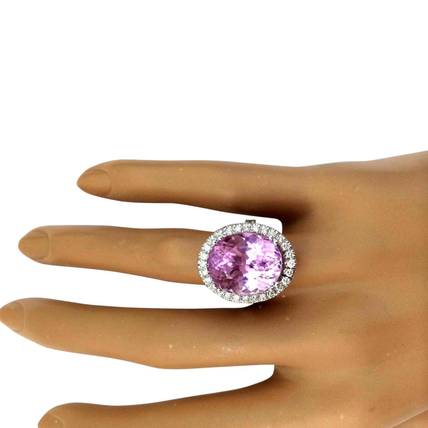 Oval Cut Natural Kunzite 14 Karat Solid White Gold Diamond Ring For Sale