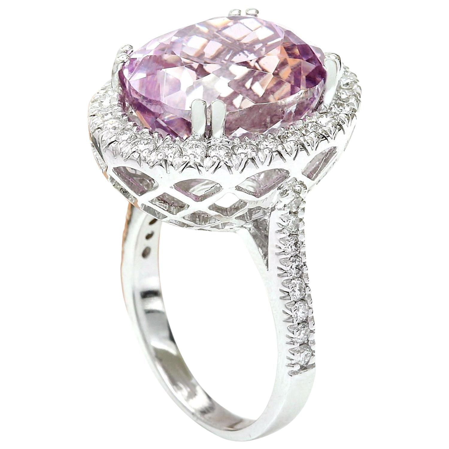 Natural Kunzite 14 Karat Solid White Gold Diamond Ring In New Condition For Sale In Los Angeles, CA