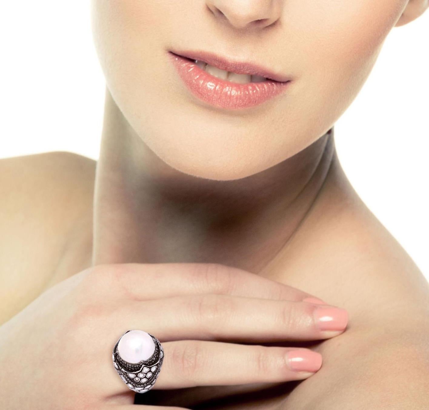 14,07 Karat Diamant-Cocktailring mit Perlen (Zeitgenössisch) im Angebot