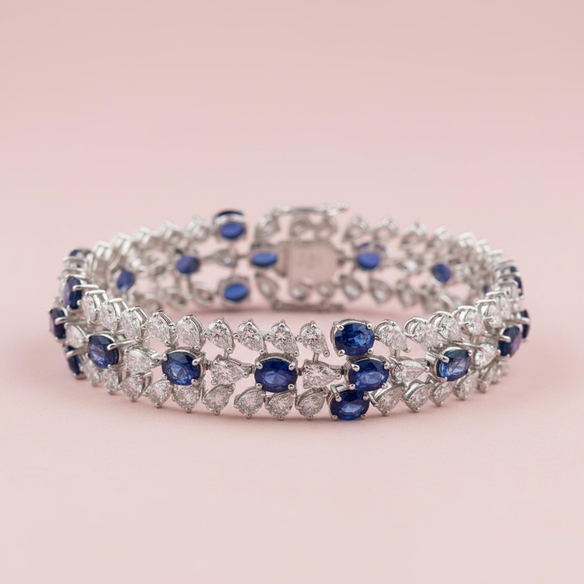 14,08 Karat Blauer Saphir 13,32 Karat SI/H Diamantarmband 18 Karat Weißgold (Ovalschliff) im Angebot