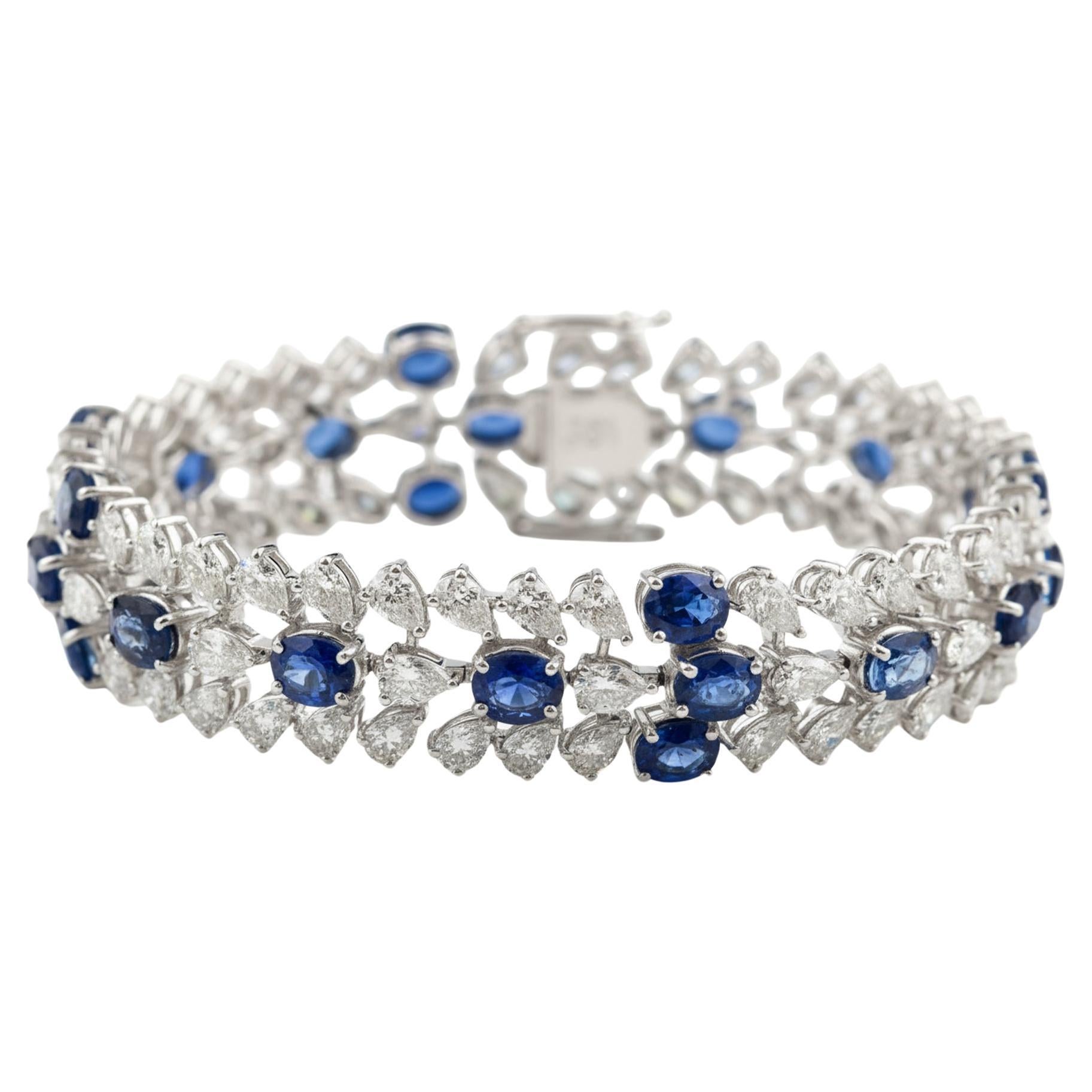 14.08 Carat Blue Sapphire 13.32 Carat SI/H Diamond Bracelet 18 Karat White Gold