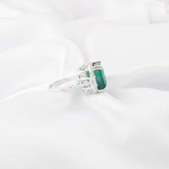 14.08 Ct Natural Emerald & Diamond Halo Three-Stone Ring 18K White Gold