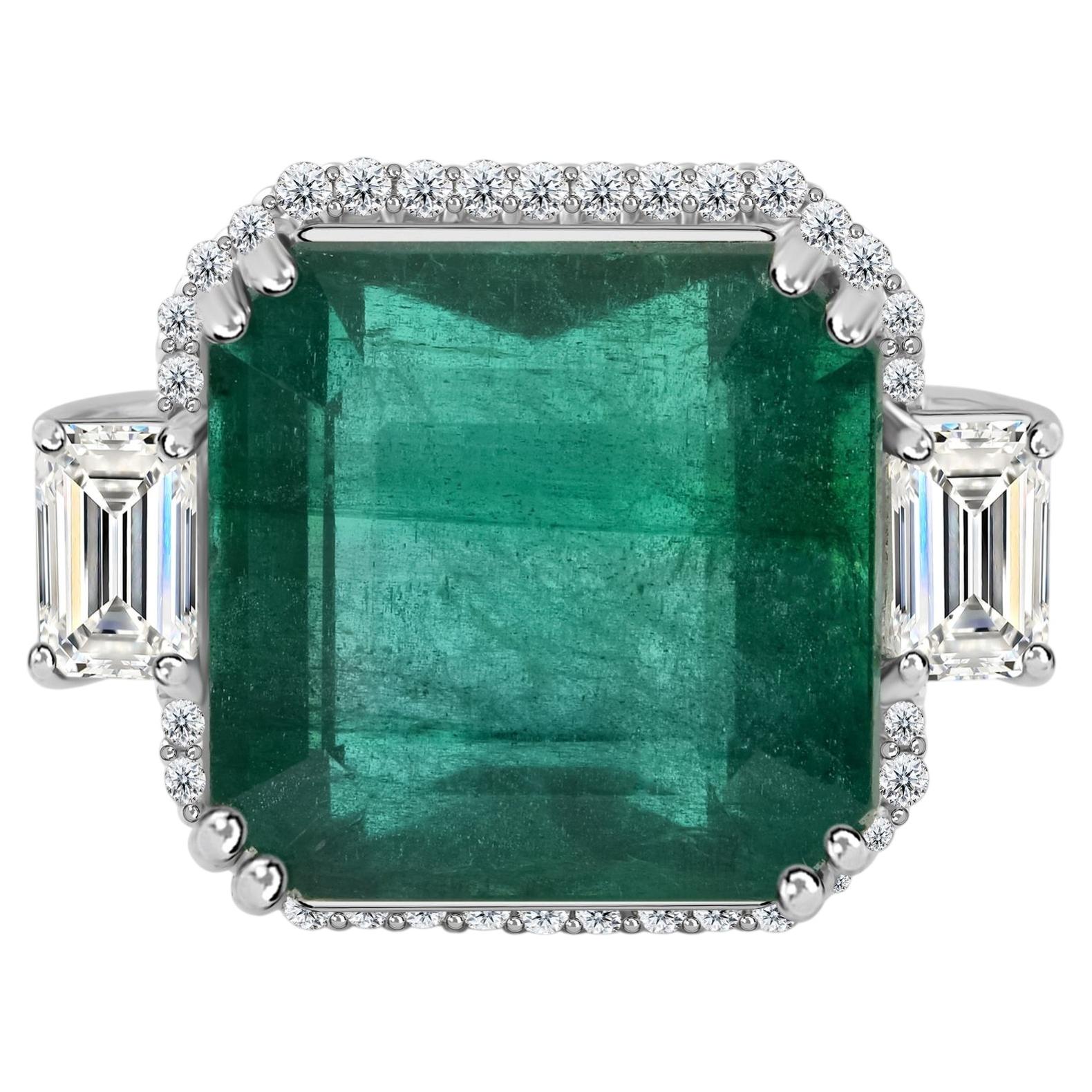 14.08 Ct Natural Emerald & Diamond Halo Three-Stone Ring 18K White Gold